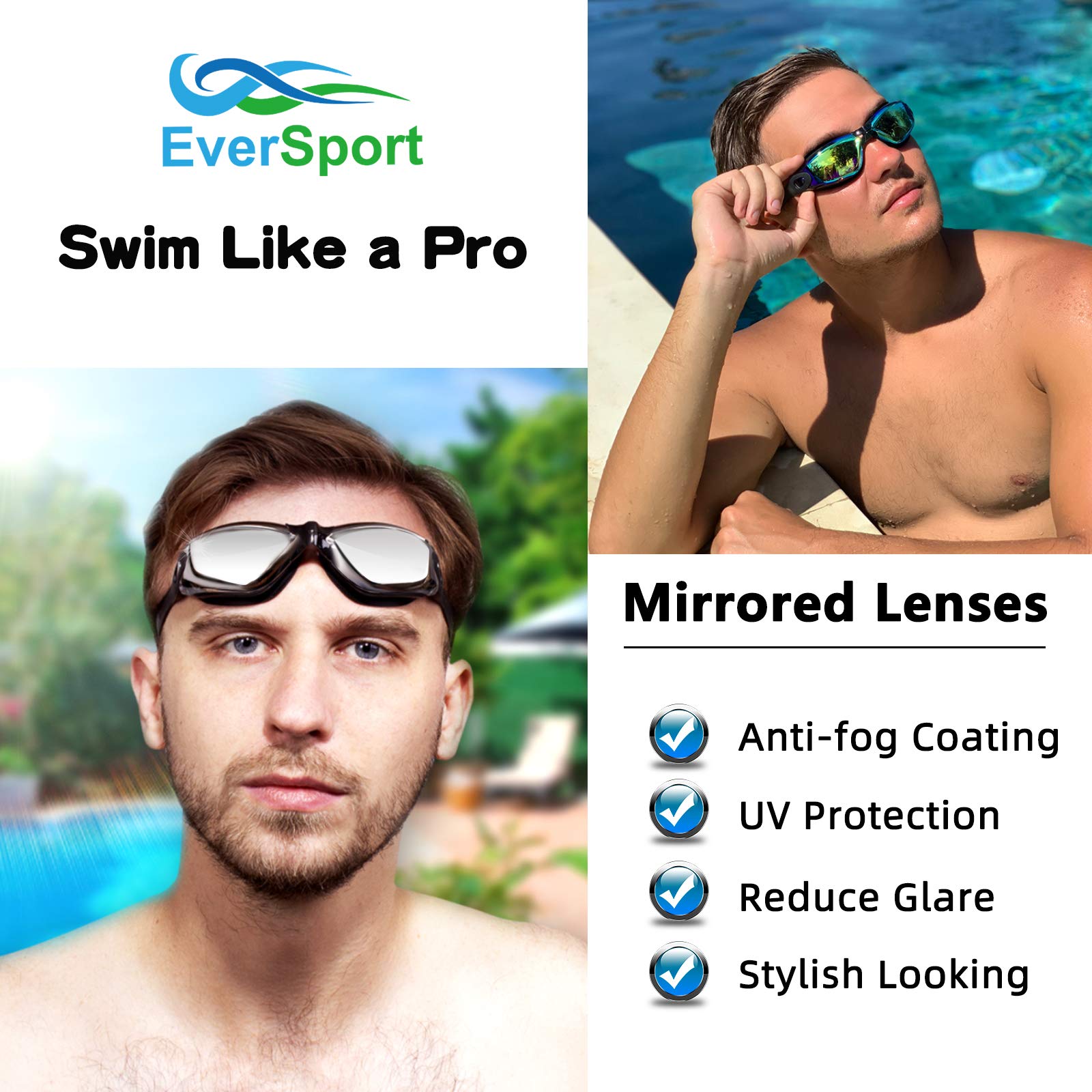 Gafas de natación para adultos, hombres, mujeres, jóvenes, antivaho, anti-UV, paquete de 2