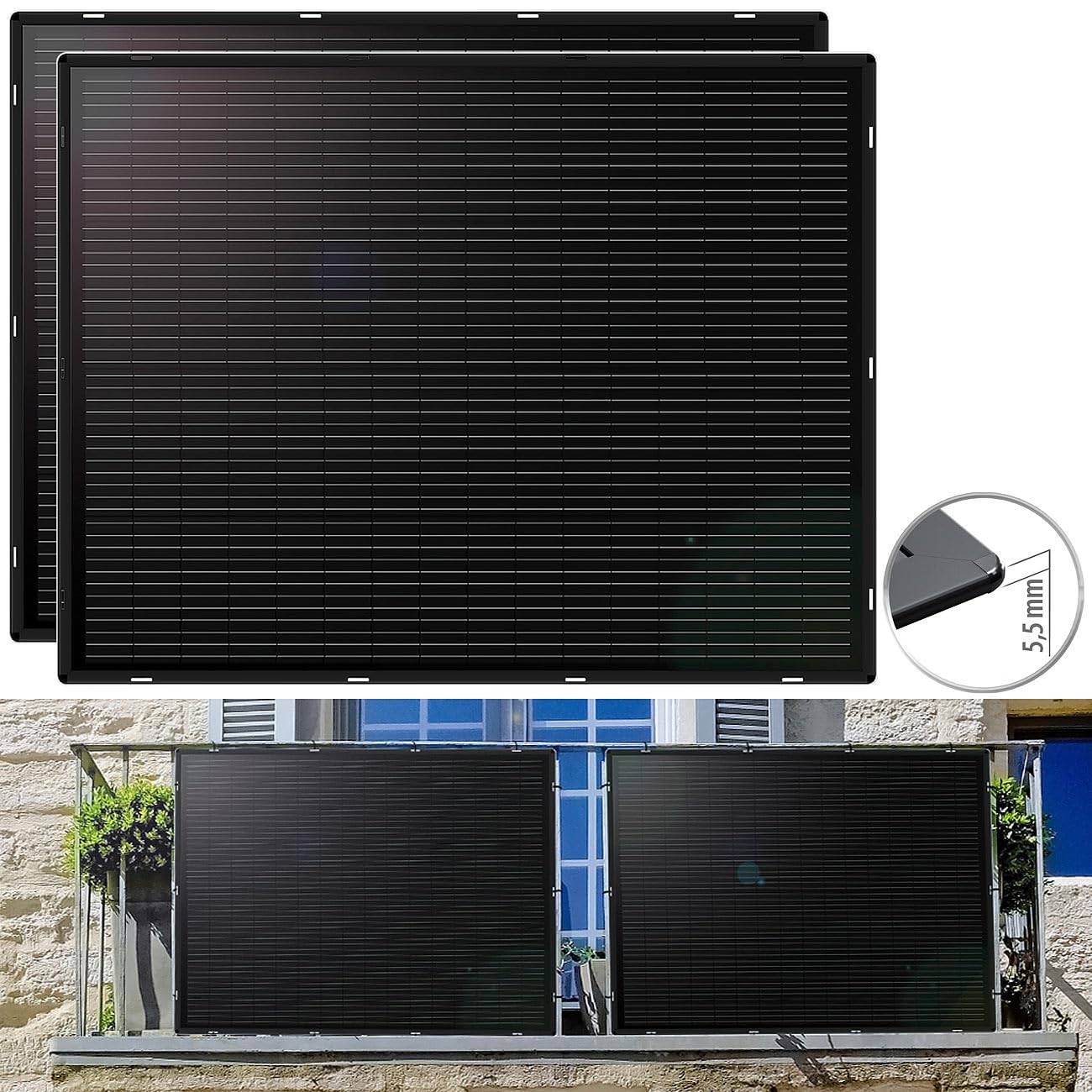 revolt Balkonkraftwerk: 2er-Set ultradünne & superleichte monokristalline Solarmodule, 2X 215W (Balkonkraftwerk dünne Module, Solarpanel dünn, Panel)