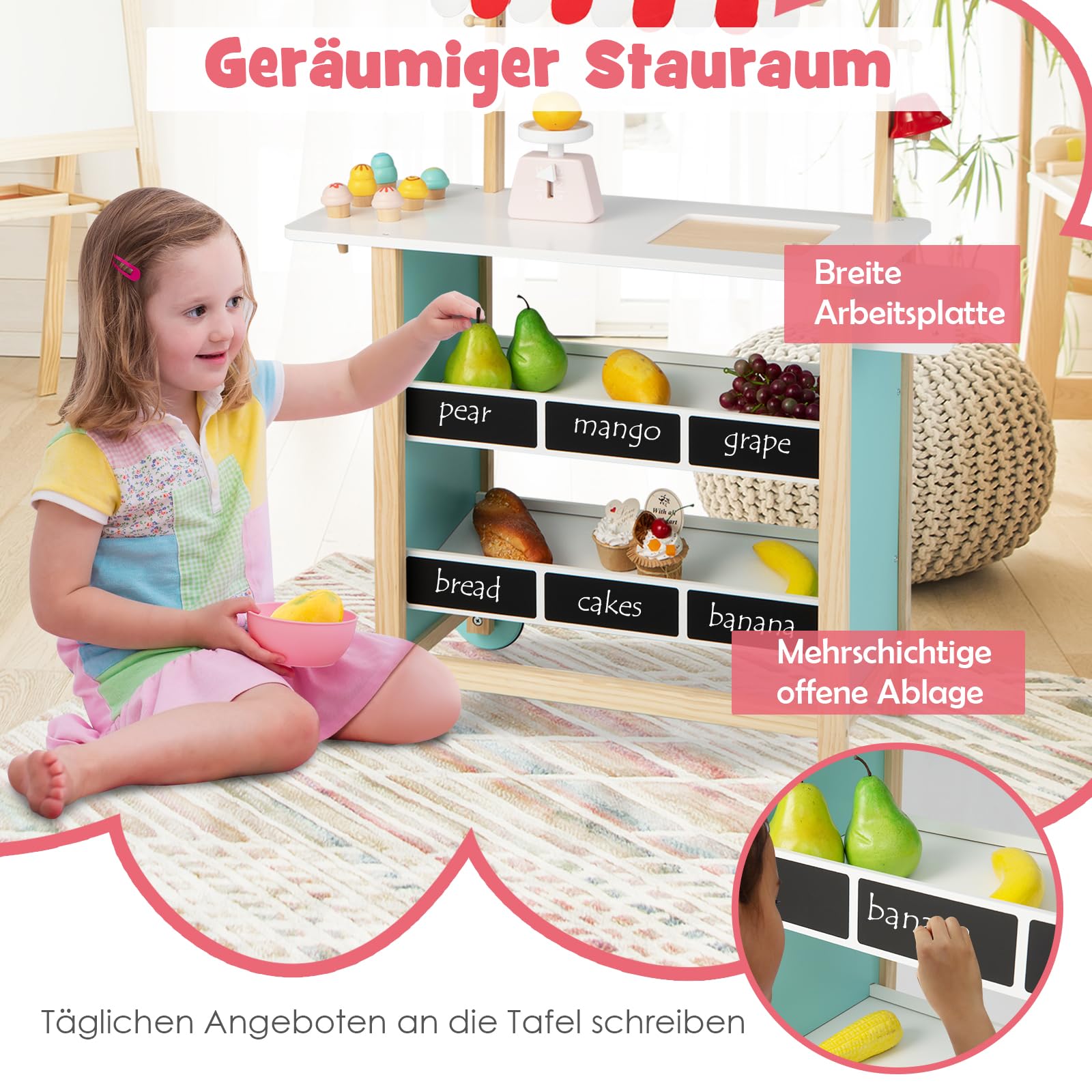 DREAMADE Kinder Eiswagen mit 6 Spielzeug-Eiscreme, Kaufladen aus Holz mit 2 Rädern und Markise, Einkaufsladen für Kinder ab 3 Jahren (Rot)