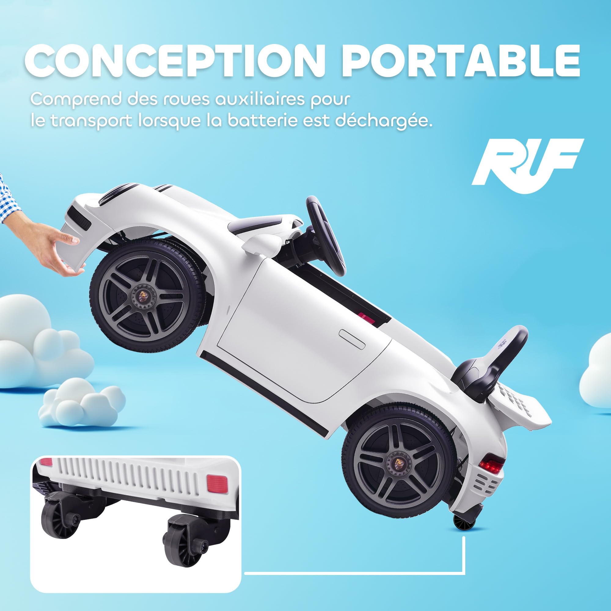 AIYAPLAY Voiture Électrique Enfants sous Licence RUF CTR 2017 12V Blanc | Véhicule Électrique, Télécommande 2,4G, Phares, Musique, Klaxon, Démarrage Lent, pour 3 à 6 Ans