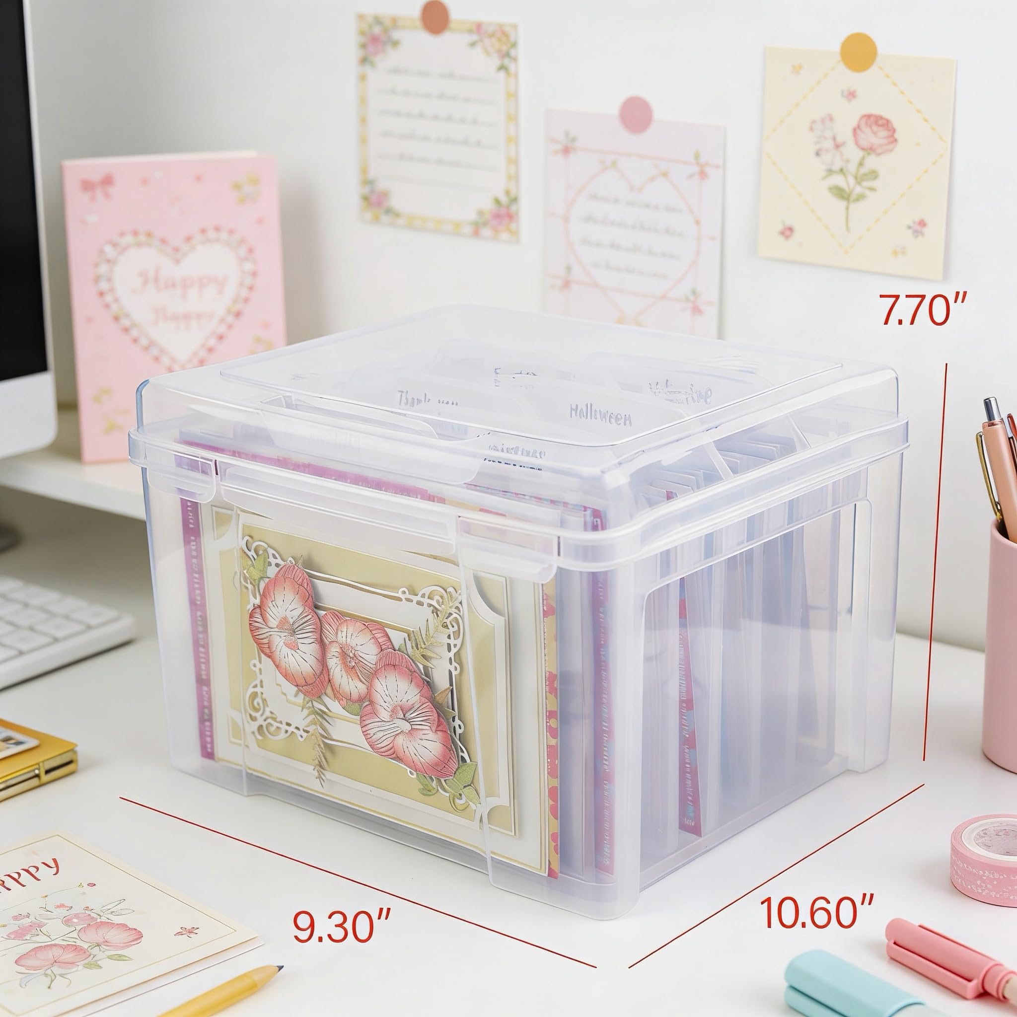 Greeting Card Storage & Organizer Box with 6 Removable Dividers for Holiday Birthday Get Well Cards Photos, Crafts, Scrapbooking(Clear)