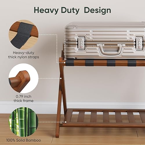 Miniatura 2 de Bamboo Luggage Rack Fully Assembled, Folding Suitcase Stand with Shoe Shelf, Heavy-Duty Luggage Holder for Guest Room Must Haves, Bedroom, Hotel,