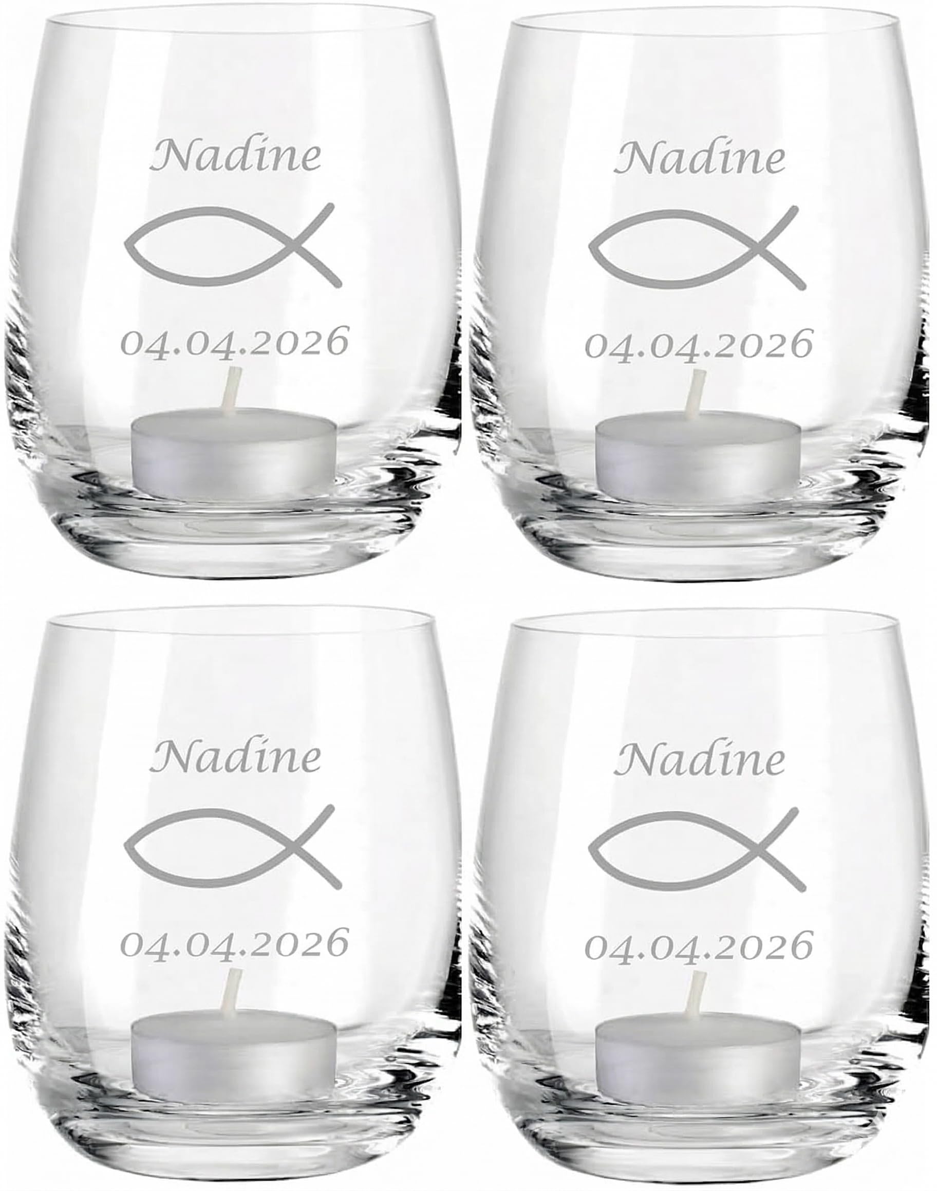 Personalisiertes Teelicht mit Fisch-Gravur I 4er-Set zur Konfirmation - Firmung - Kommunion - Jugendweihe I Windlicht mit Namen & Datum