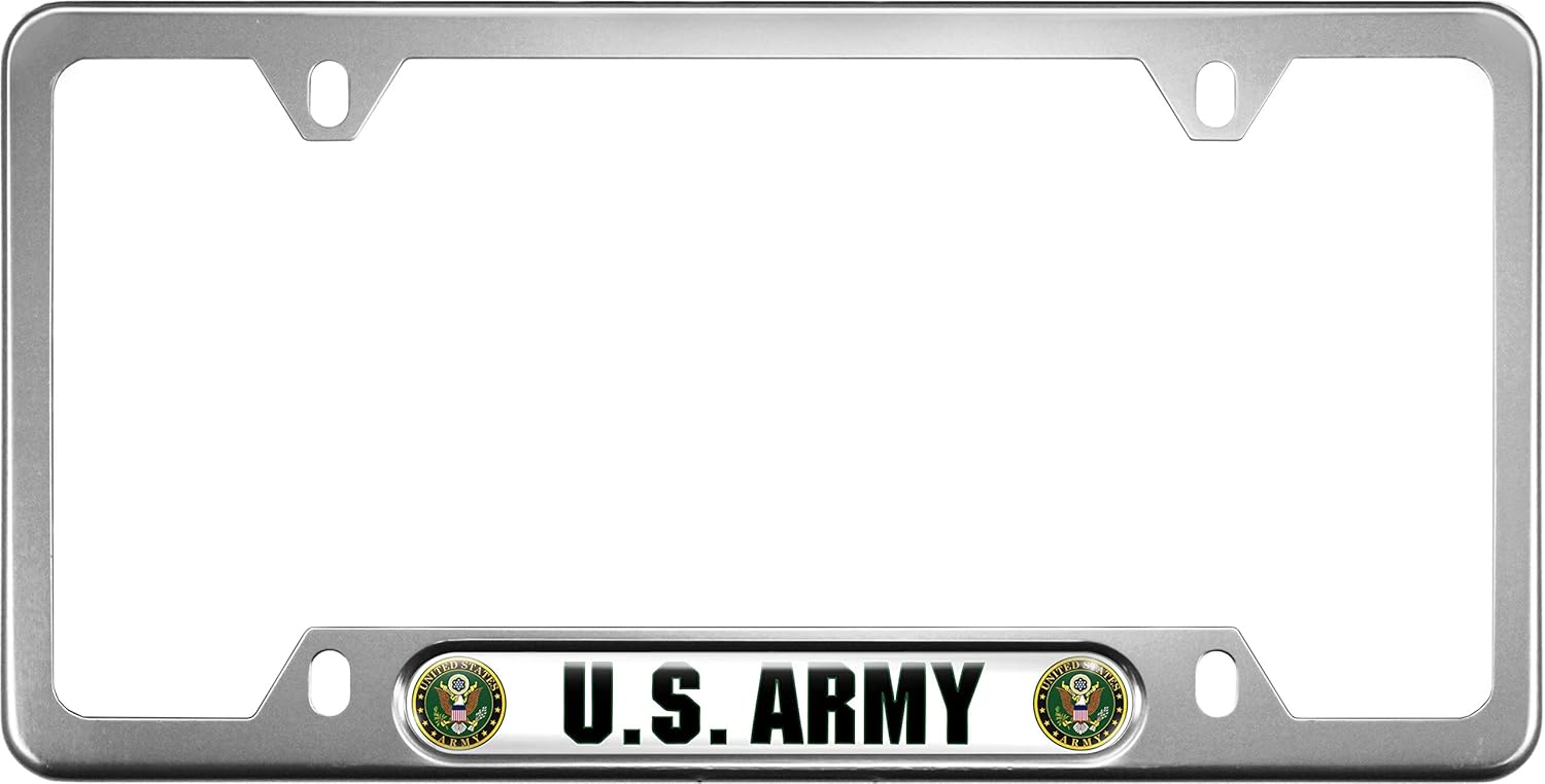 [Officially Licensed Product] - USA Patriotic Anodized Aluminum Thin Top | Narrow Top Car License Plate Frame with U.S. Army - White/Green Insert with Free caps - Silver