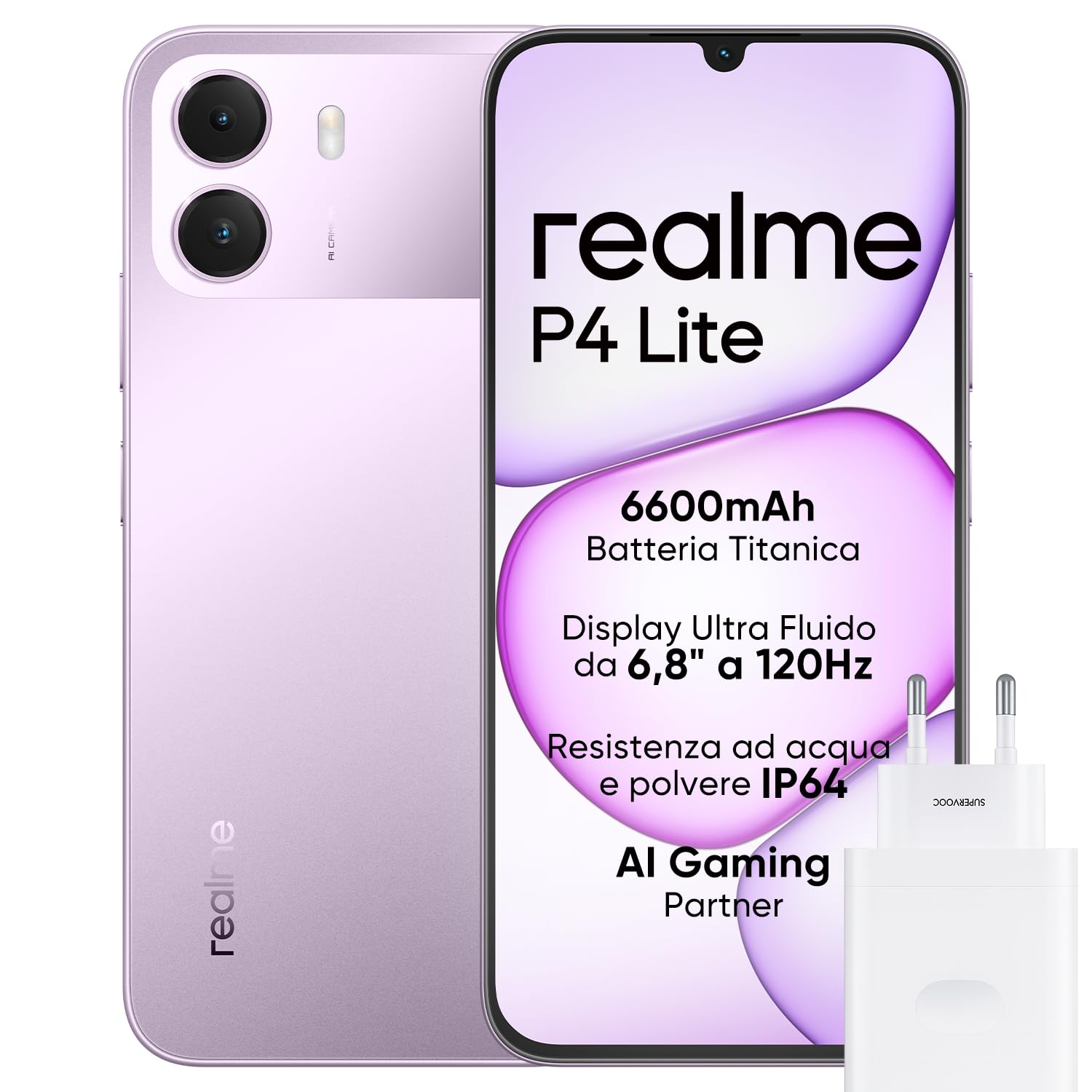 realme P4 Lite Smartphone, 4+128 GB, Display 6.8" 120Hz, Batteria Titan 6600mAh, Carga 15W con inversa 6W, Protezione ArmorShell, Lunga autonomia Ricarica rapida Telefono, Purple