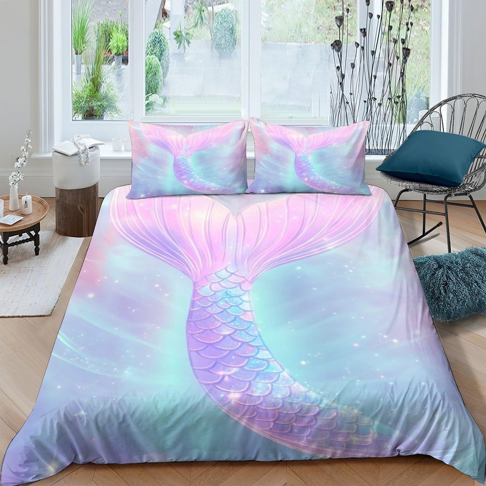 GPLZQXKJNH 3D Printed Pastel Mermaid Tail Duvet Cover Set Microfiber Soft Breathable Iridescent Bedding Set with 2 Pillowcases for Bedroom Home Decor Single（135x200cm）