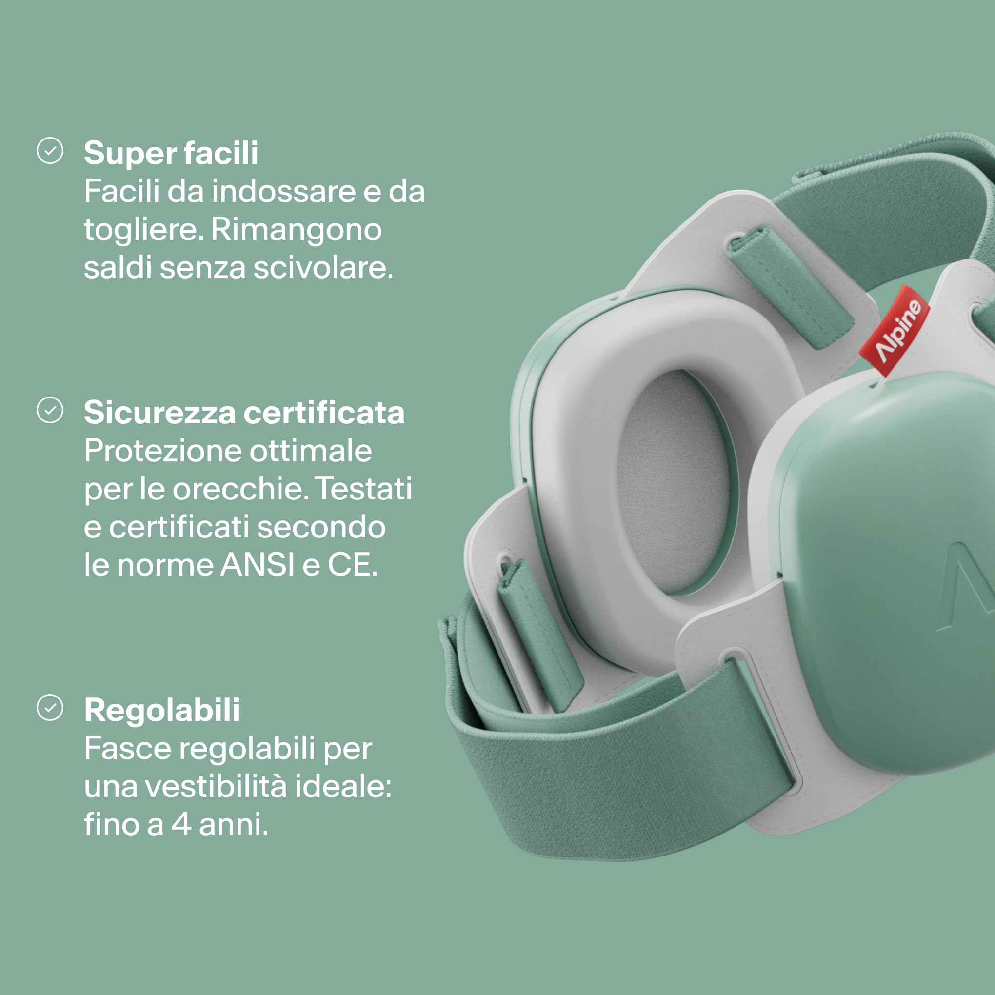 Alpine Muffy Baby Comfort, Paraorecchie Migliorati per Neonati e Bambini, Certificato CE, Vestibilità Sicura E Confortevole, Protezione dell'udito Regolabile Fino A 48 Mesi, Attenuazione 24 dB, Verde