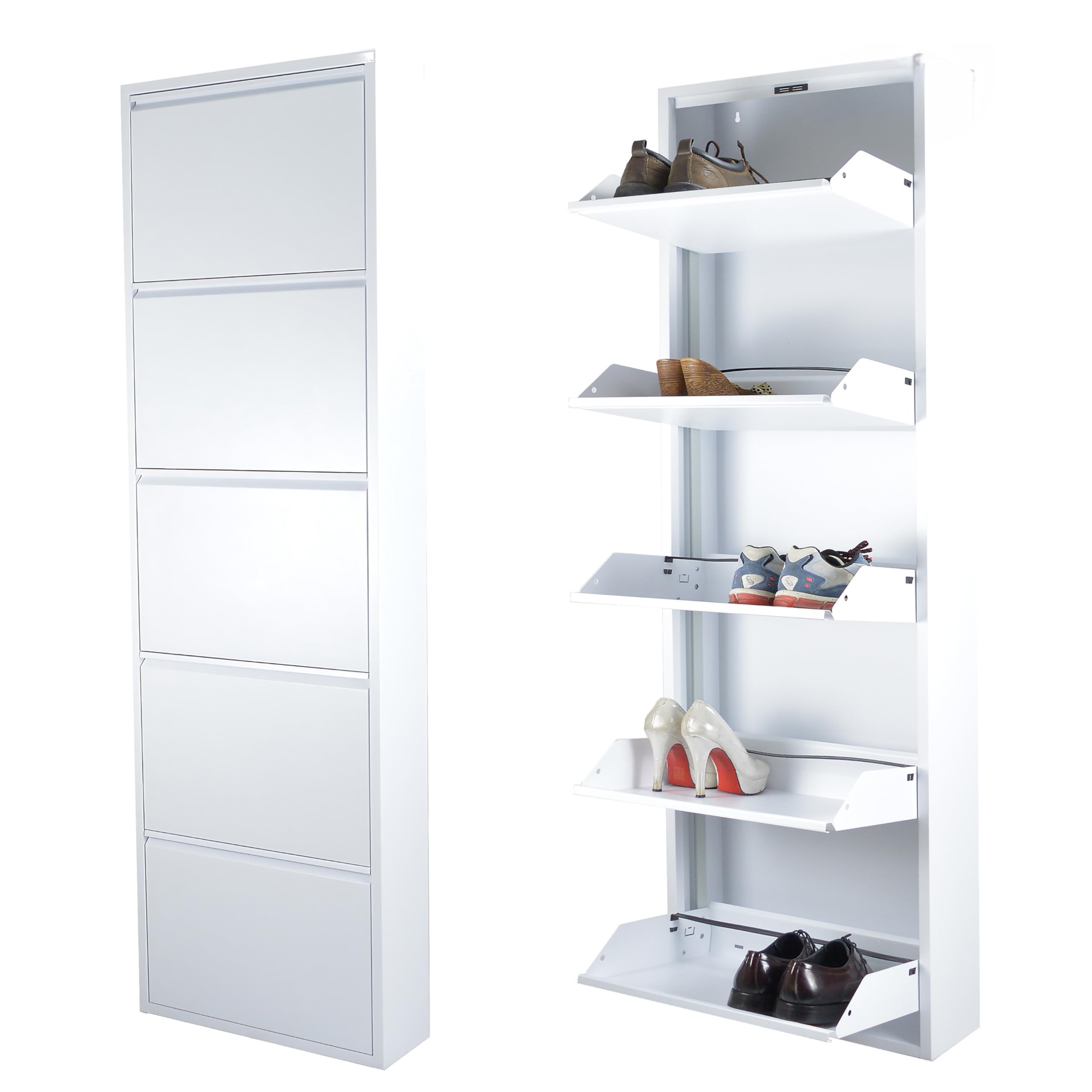 Atahome Slim Shoe Cabinet Tall Narrow Shoe Storage Cabinet for hallway wall mounted thin flip down Metal Shoe Rack Storage Organiser Shoe cupboard Indoor Lydia 5-Drawer Tier (White)