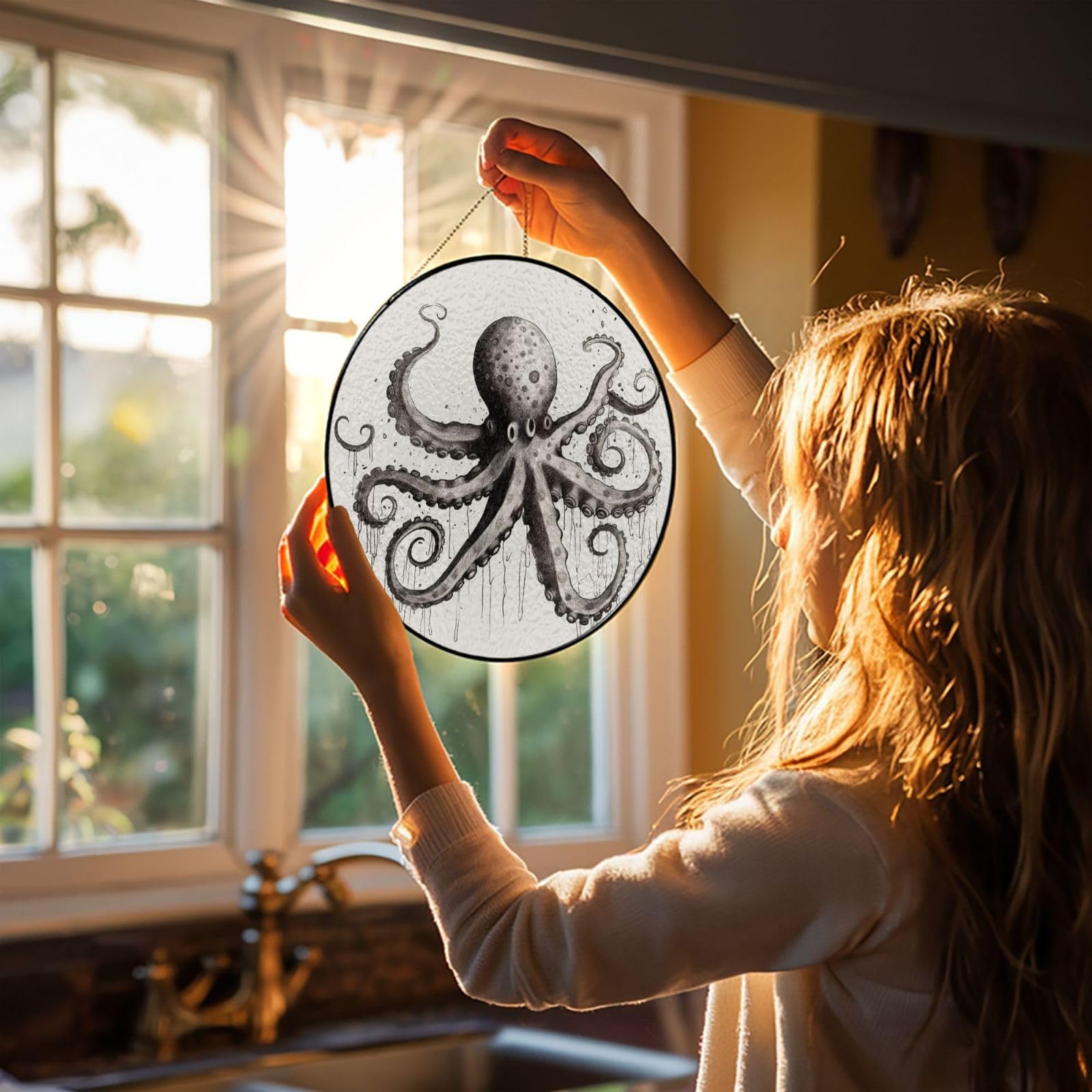 4in Stained Glass Window Hanging,Window Suncatcher Glass Panel with Metal Chain Octopus Sun Catchers Wall Art Home Decor Gift for Women Mother's Day