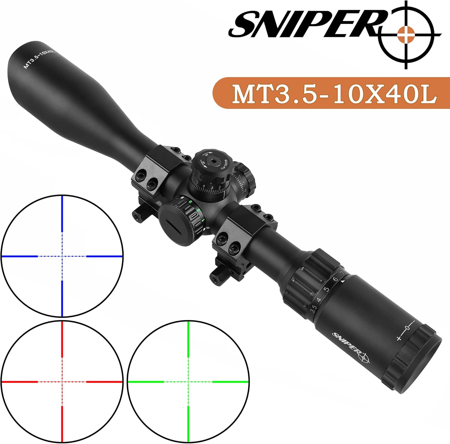 MT3.5-10x40L Rimfire Rifle Scope with Red/Green/Blue Illuminated Reticle Riflescope, Ruger Mossberg Savage
