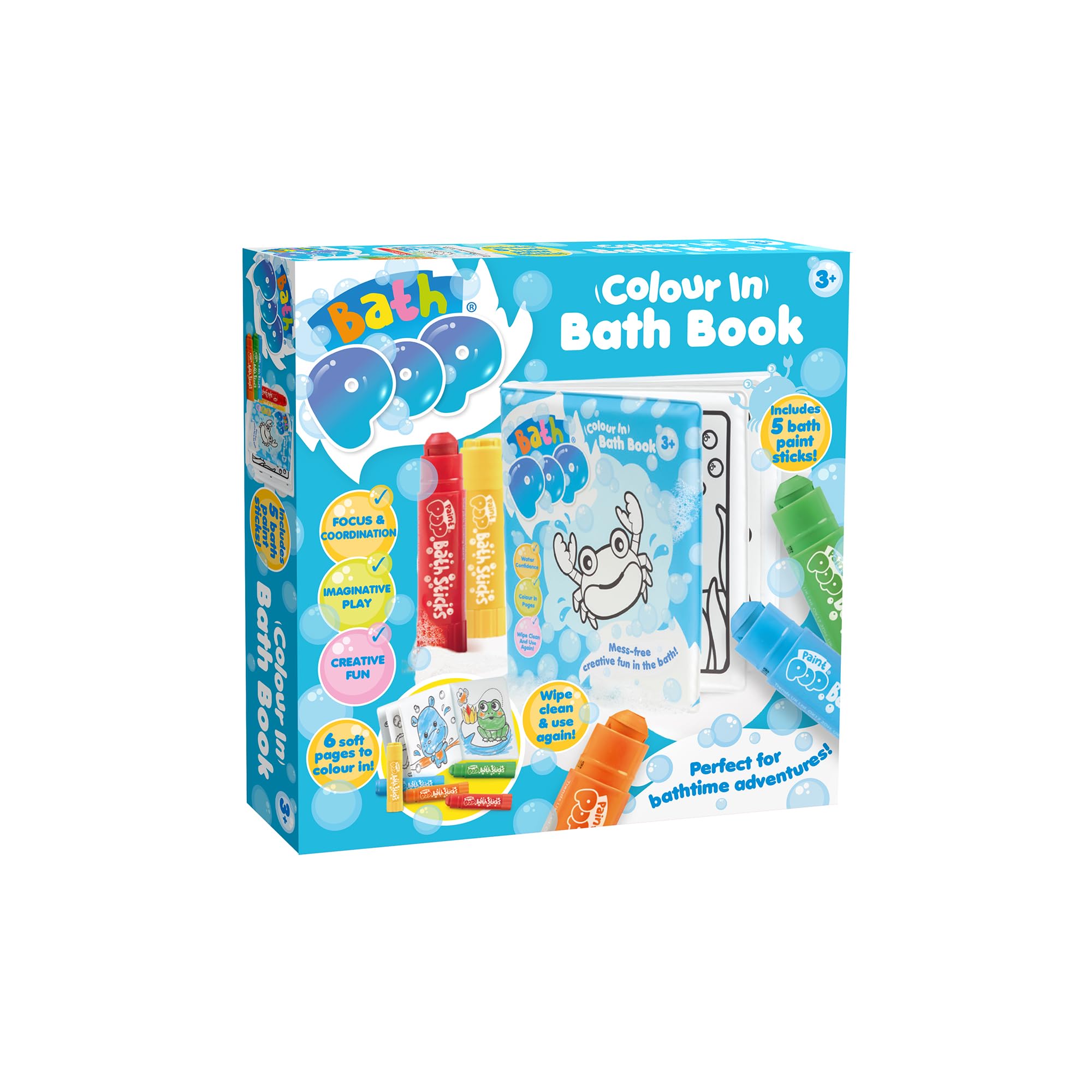 Bath Pop Bath Book & Paint Stick Set – 5 Piece Non-Toxic Mess-Free Toddler Bath Crayons – Twist-Up Washable Bathtub Paint for Kids – Creative Sensory Water Play Toy for Ages 18m+