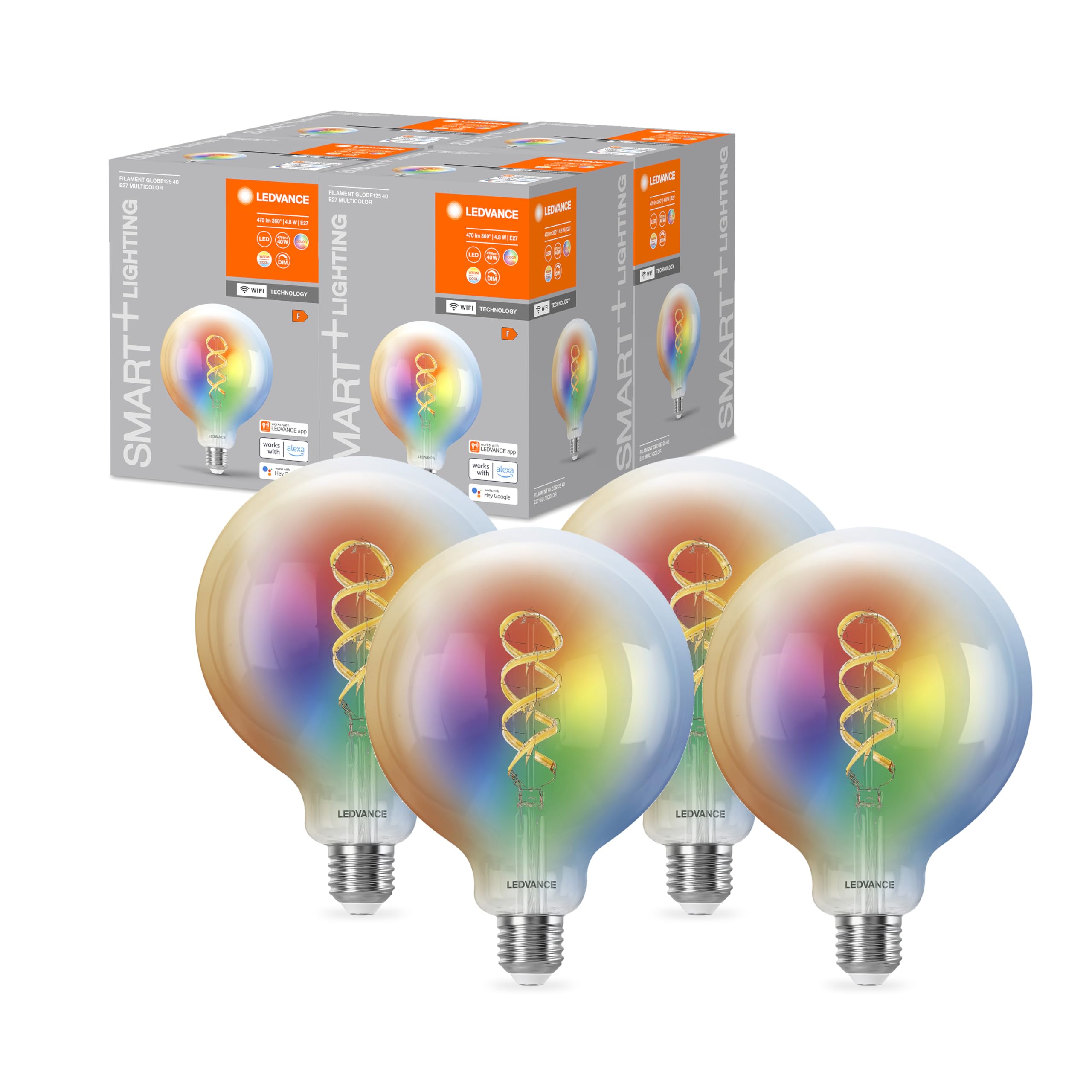 LEDVANCE Lampada LED SMART+ WIFI, vetro chiaro, 4,8 W,470 lm, forma Globo con diametro 125 mm e E27, colore e luce bianca regolabili, dimmerabile, app o controllo vocale, lunga durata, confezione da 4