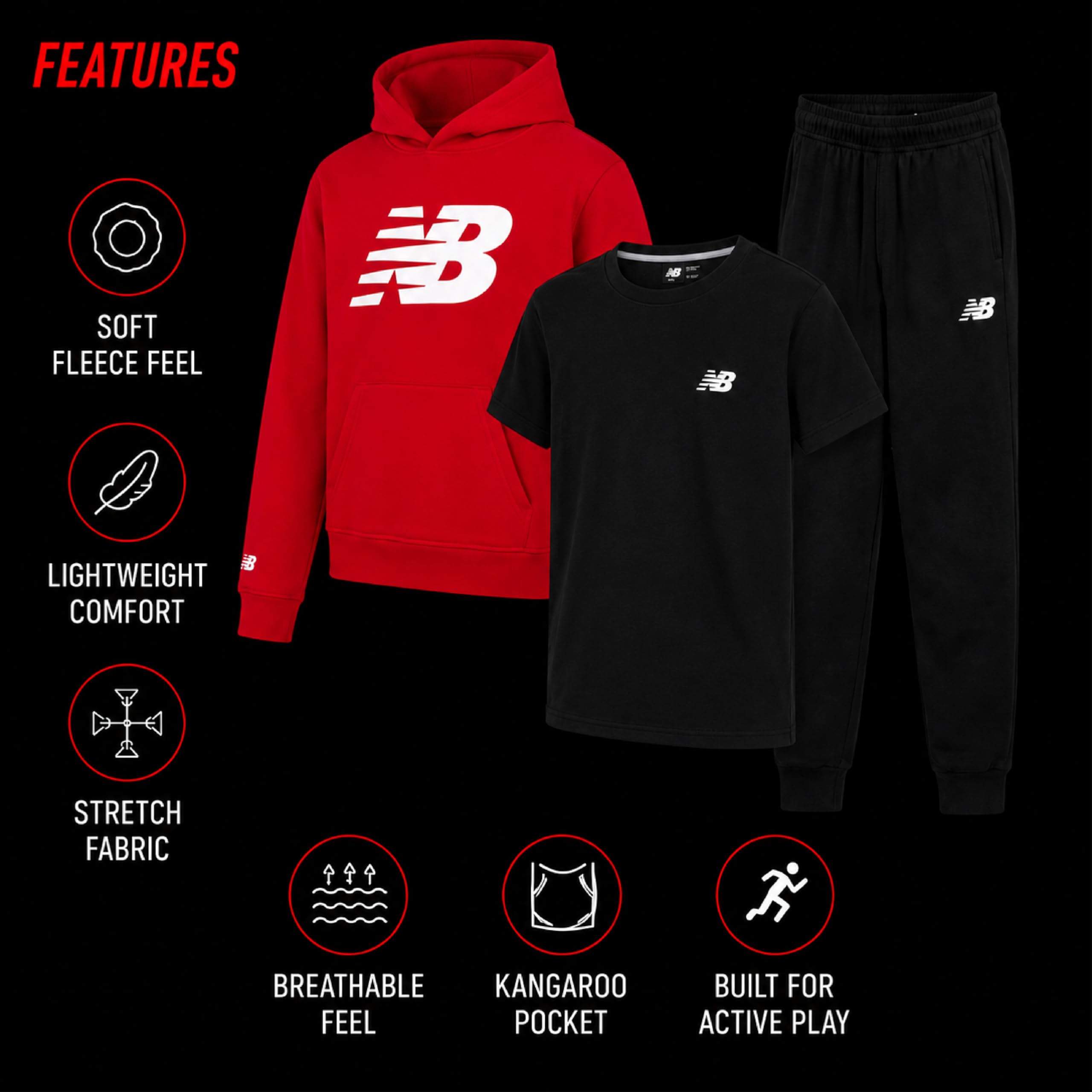 New Balance Set di 3 tutine per ragazzi a maniche corte, felpa con cappuccio in pile e pantaloni da jogging per ragazzi (4-16)