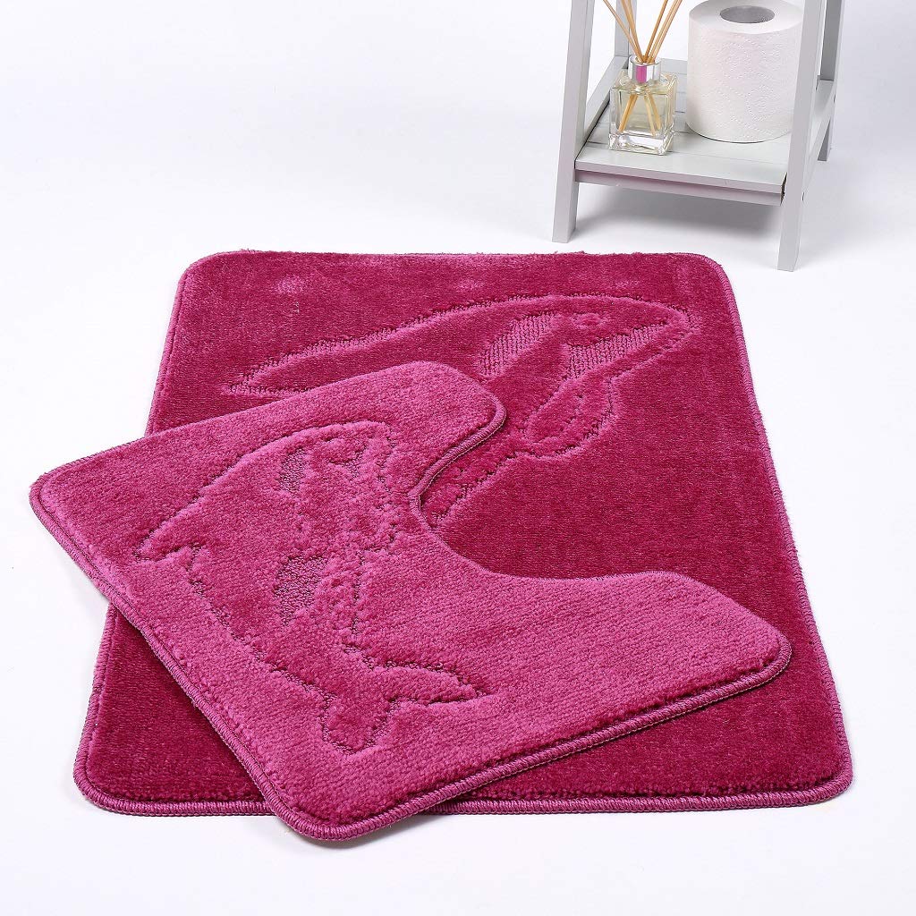 Ehd Raspberry Dolphin Design 2 Piece Bath Mat And Pedestal Mat Sets Non Slip Water Absorbent Bathroom Rugs (Raspberry)