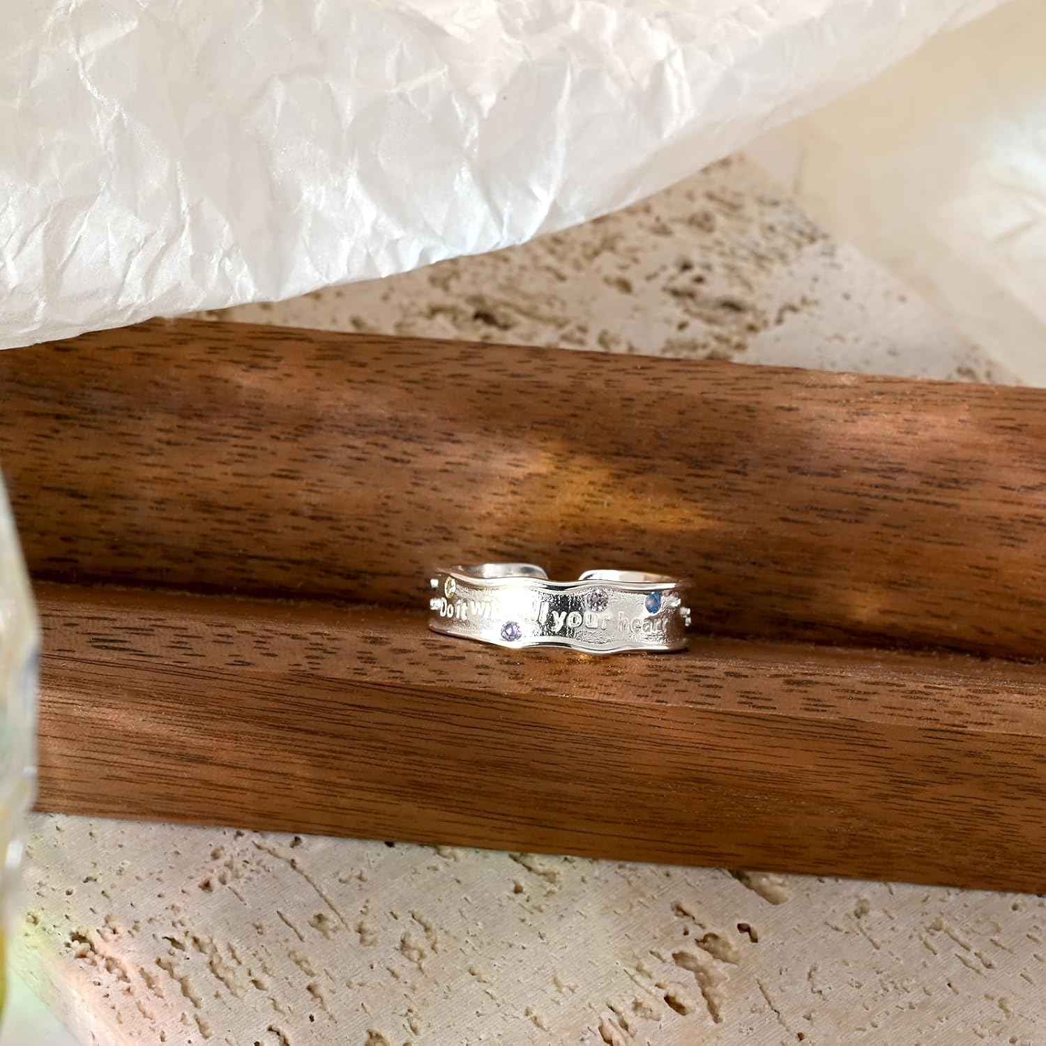 Sterling Silver Statement Band Ring for Women Colorful Cubic Zirconia Letter Adjustable Y2k Style Stackable Rings - Image 7