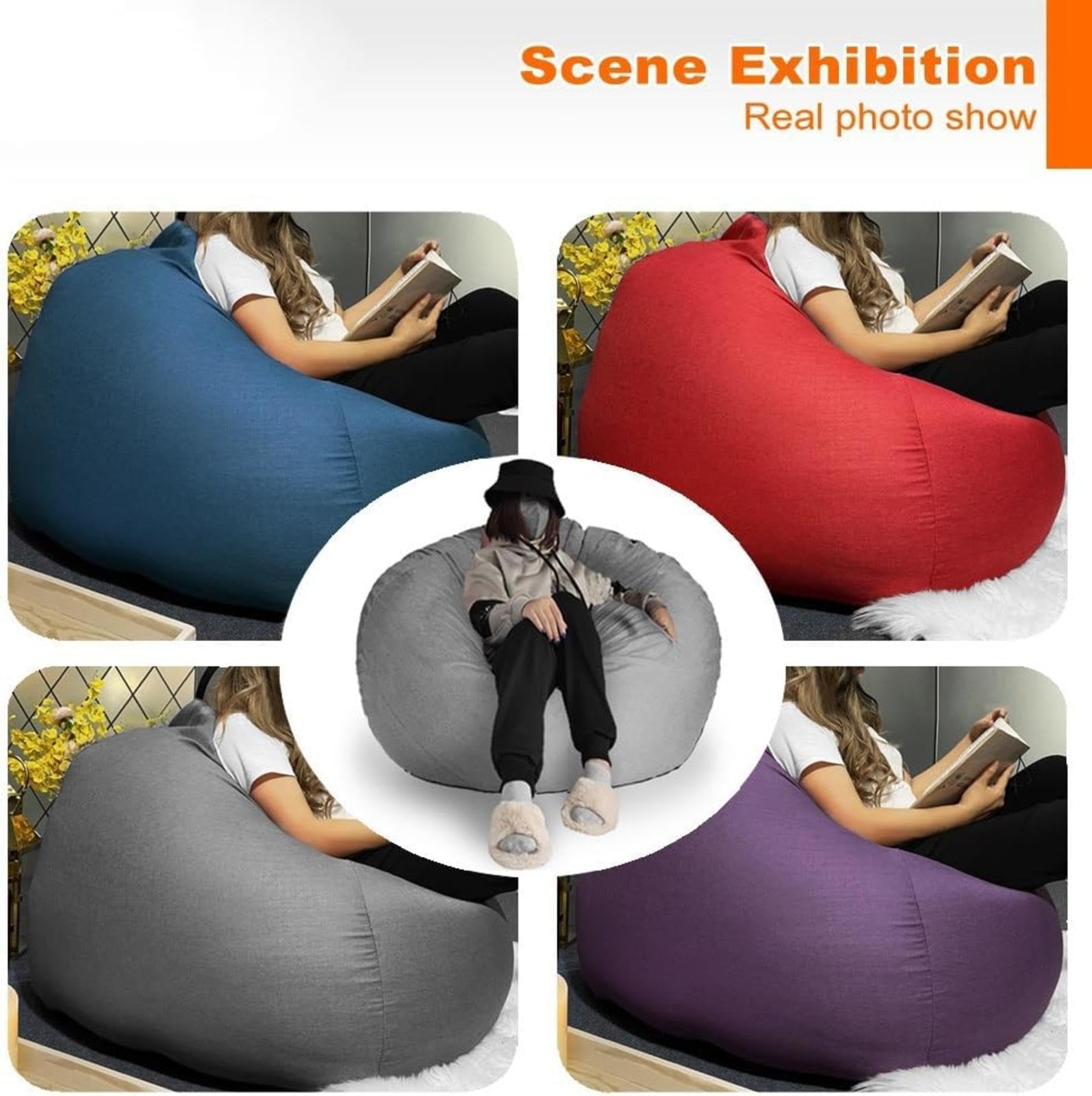 NIBHZ Bean Bag Cover Big Cotton Linen Lazy BeanBag Chair Sofa Covers Puff Relax Lounge Couch,blue-100X120cm