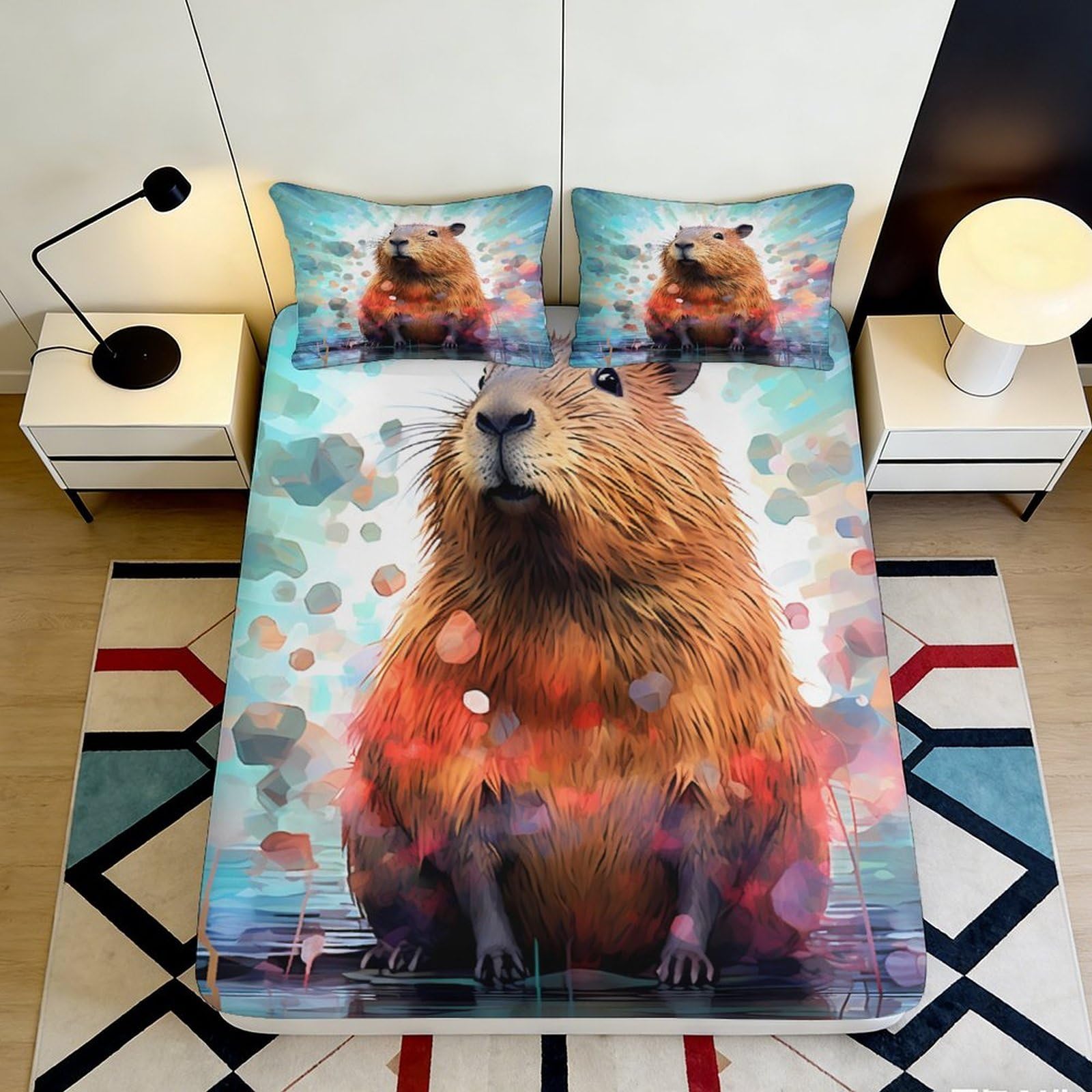 3D Printed Capybara Watercolor Fitted Sheet Microfiber Soft Anti-Slip Mattress Cover for Bedroom Dorm Decor 90x200x25cm