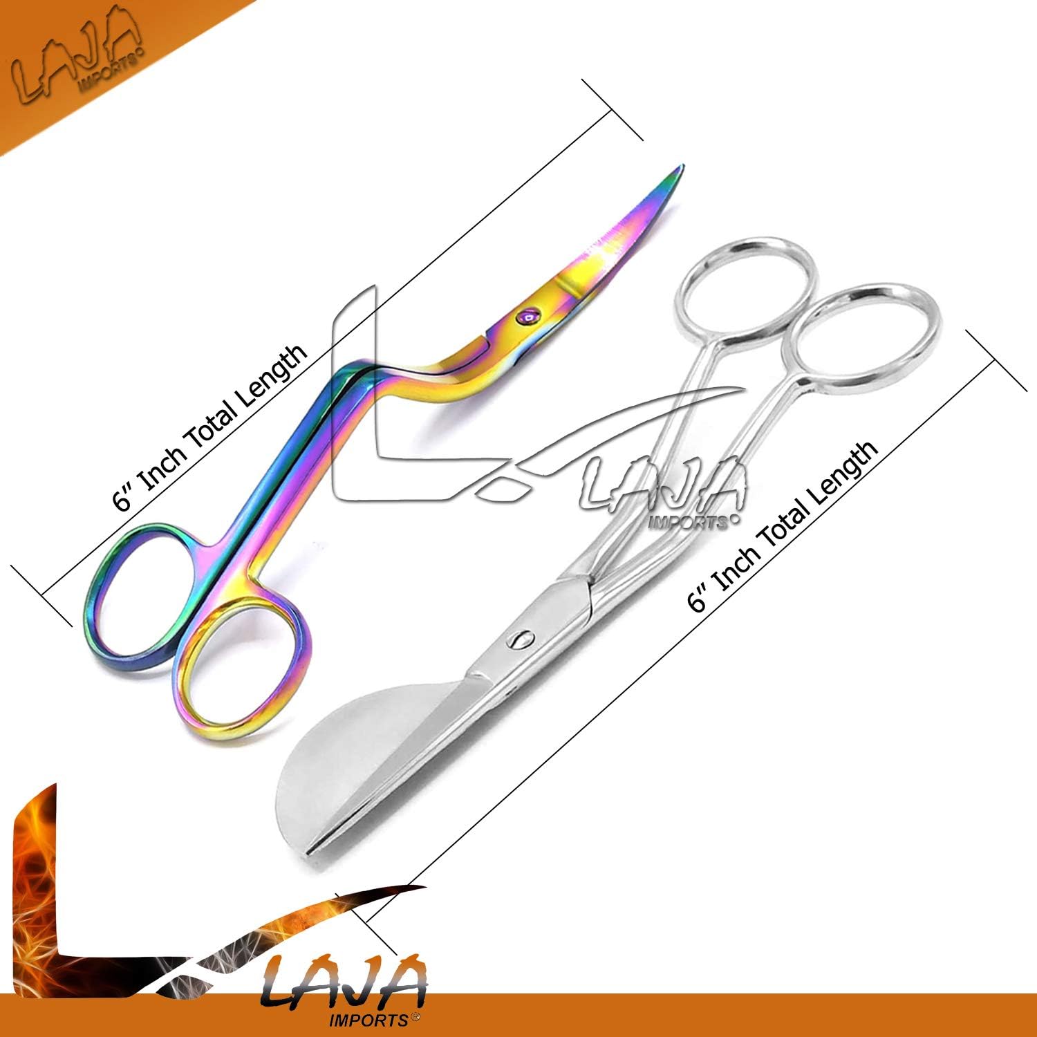 6 Inch Stainless Steel Applique Duckbill Scissors Blade With Offset Handle & 6 Inch Machine Embroidery Double Curved Scissors Bundle Rainbow Color for Educational Use