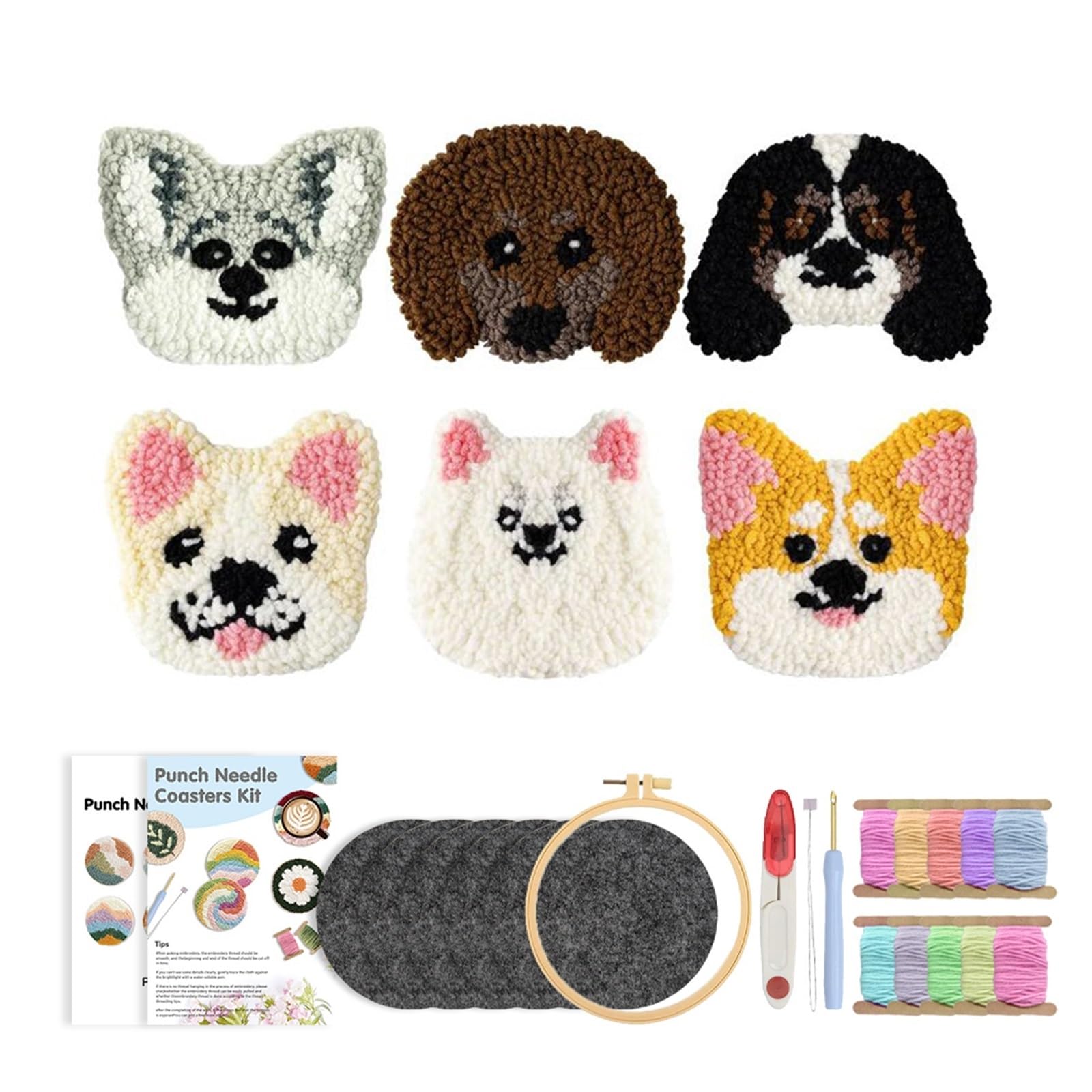 1set Punch Needle Embroidery Kit DIY Stitching Coasters Needlecraft Dog Pattern Tufted Rug Pads With Felt Yarns For Beginners for DIY(Color4)