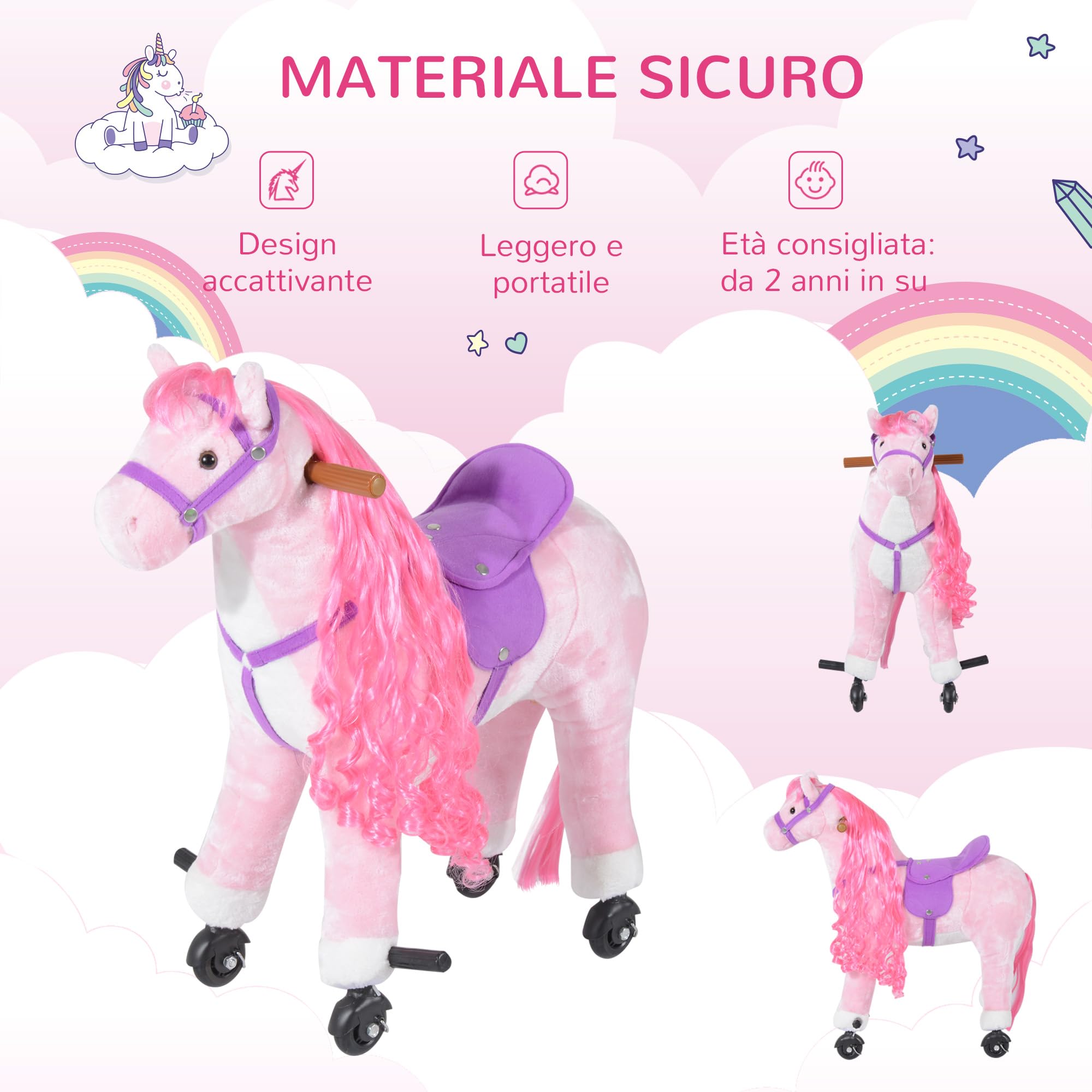 HOMCOM Caballo balancín para niños mayores de 3 años con 4 ruedas y sonidos realistas, Caballo balancín acolchado para niños con reposapiés, 65x28x75 cm, rosa