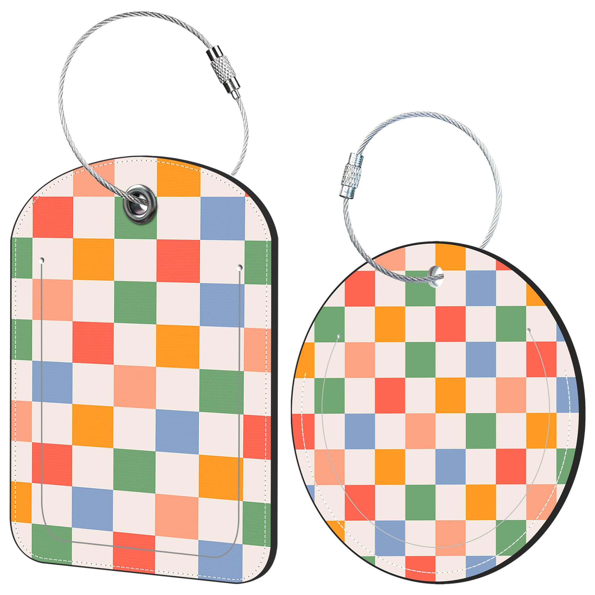 iapodiad 2 Pack Idea Luggage Tag for Suitcases Colorful Checkered Travel Leather Luggage Tags with Name Address Privacy Flap and Steel Loop Airport
