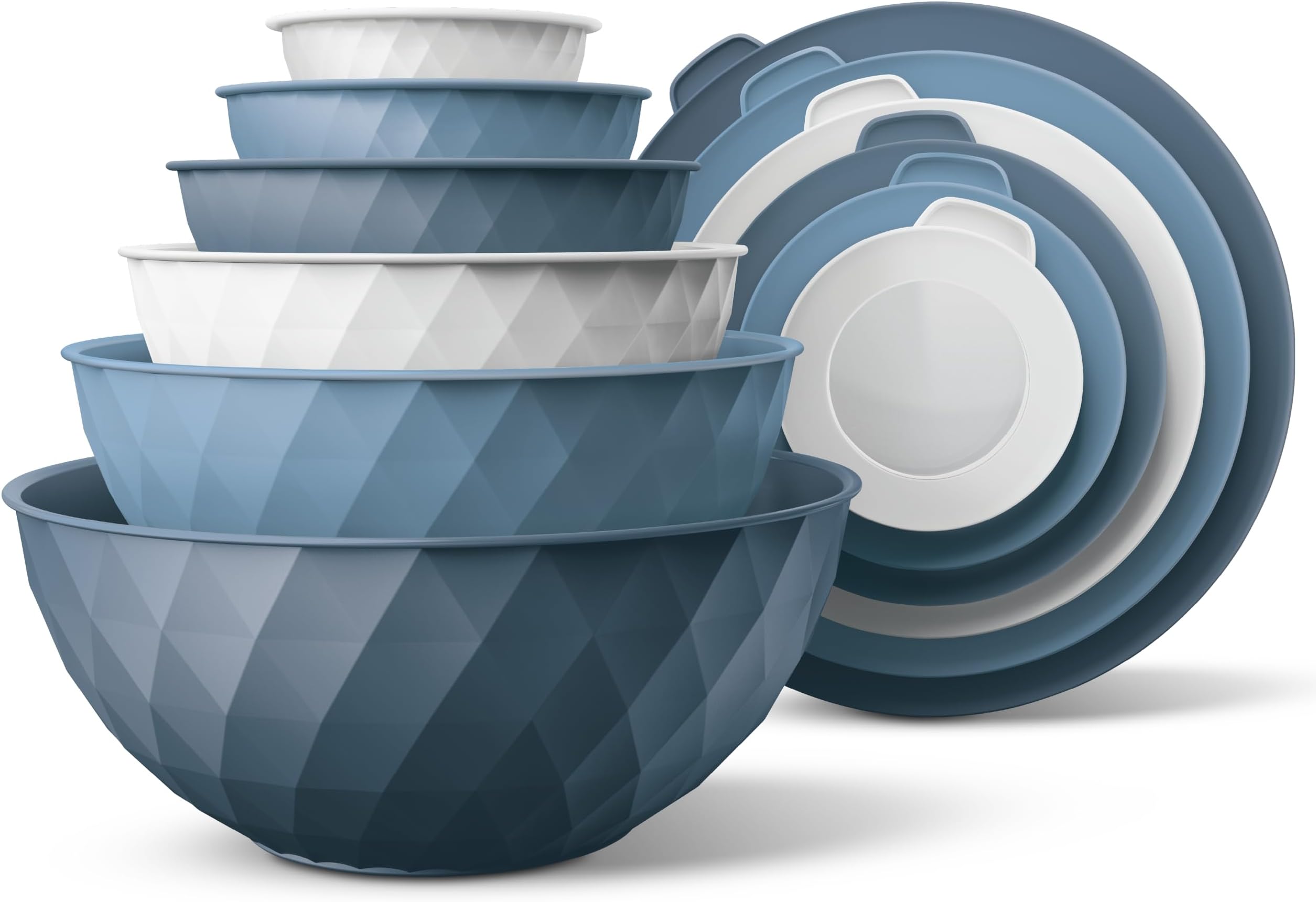 COOK WITH COLOR Mixing Bowls with Lids - 12 Piece Plastic Nesting Bowls Set includes 6 Prep Bowls and 6 Lids, Diamond Design - Microwave Safe, Denim