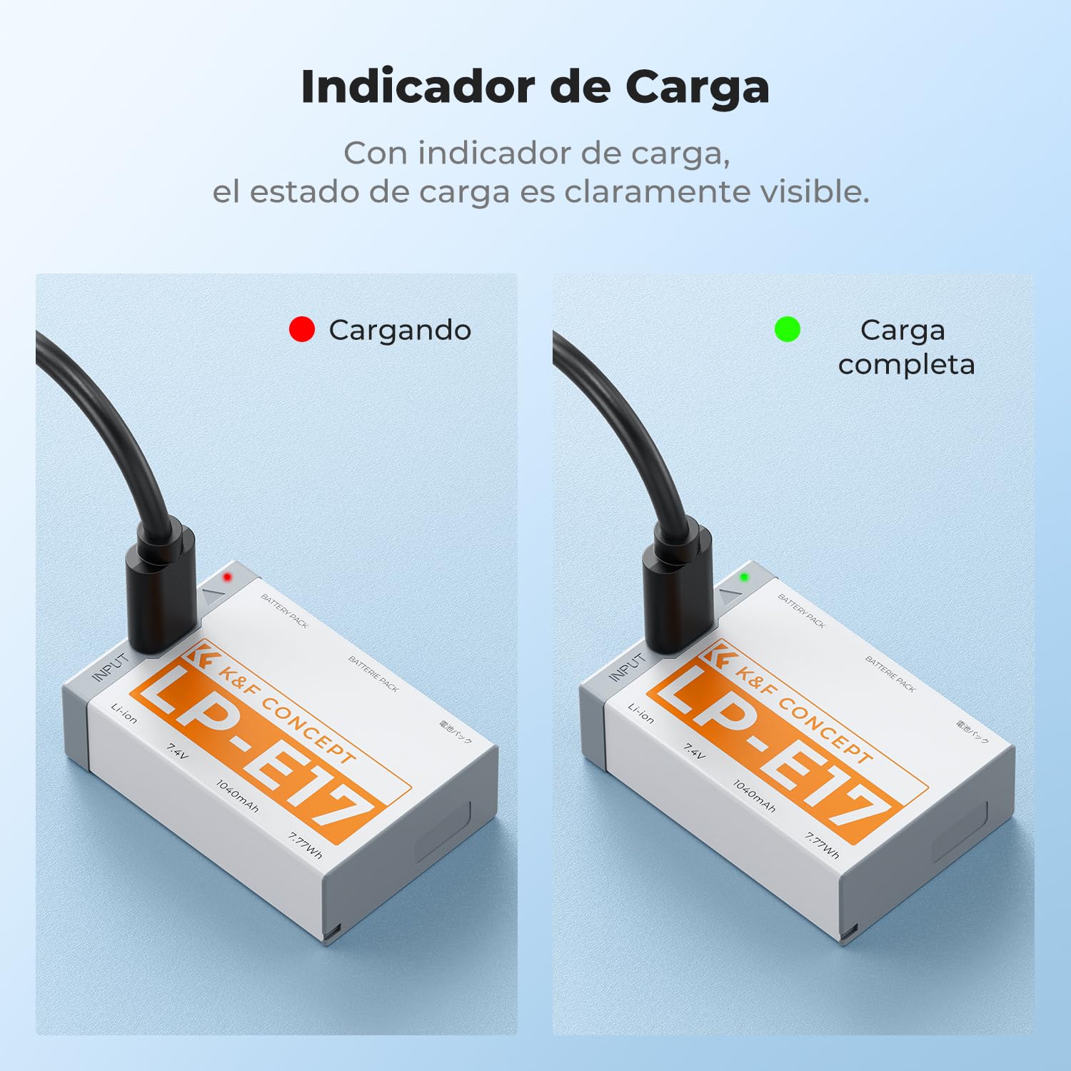 K&F CONCEPT LP-E17 Batería 1040mAh con Conector USB-C 2 Baterías Compatible con Canon EOS R50 R8 RP R10 R100,M6 II M5 M3 77D T6i 750D T6s 760D T7i 800D T8i 850D