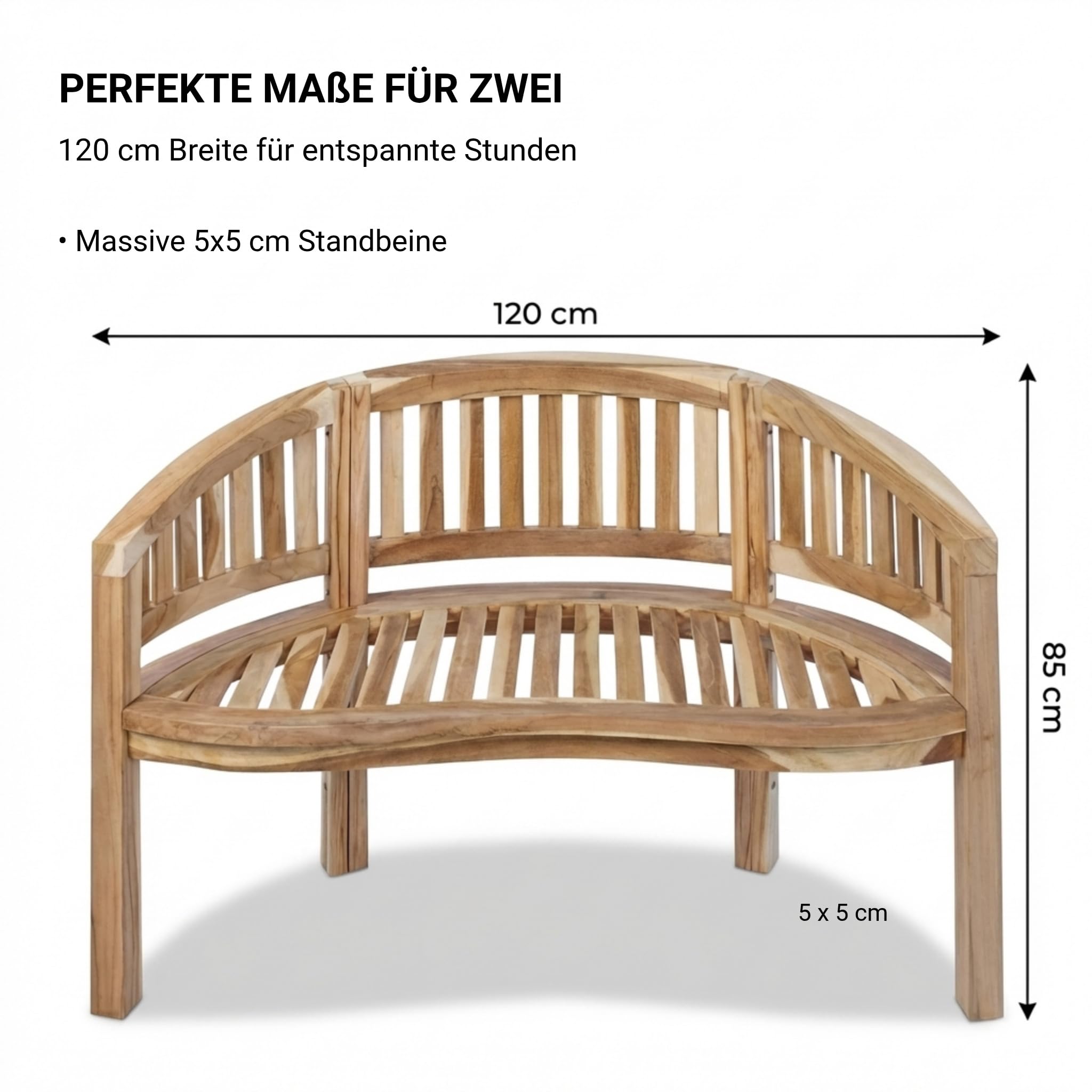 SAM 2-Sitzer Bananenbank Banana, 120 cm Sitzbank, Teak-Holz | Massive Holzbank, ideal für den Balkon oder Garten