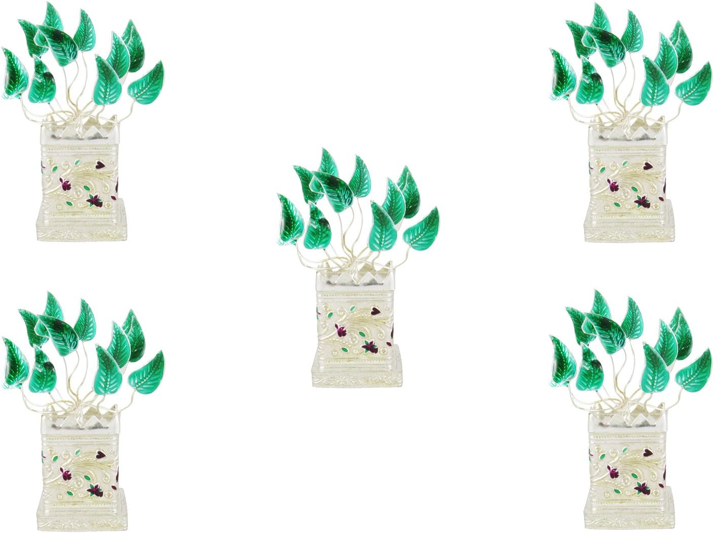 GoldGiftIdeas Silver Plated Tulsi Plant, Pooja Items for Home, Religious Return Gift for Wedding and Housewarming with Designer Potli Bags (Pack of 5)