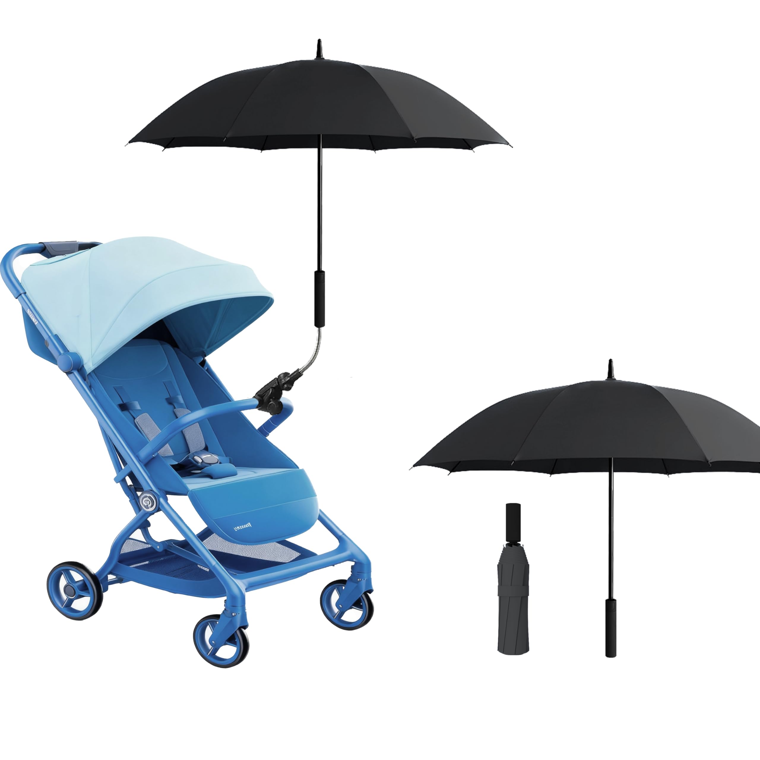 Alephnull Ombrello universale 2 in 1 con adattatore: passeggino e ombrello compatibile con tutti i modelli, protezione UV (nero, 100 cm)