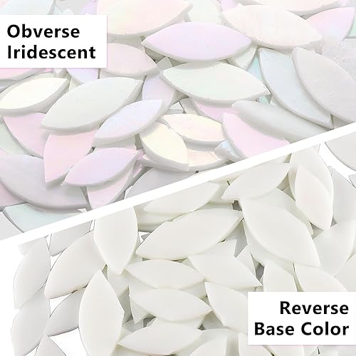 Miniatura 5 de Yoption 100 azulejos de mosaico de pétalos de vidrio iridiscente, cortados a mano, azulejos de mosaico de hojas de flores blancas para manualidades