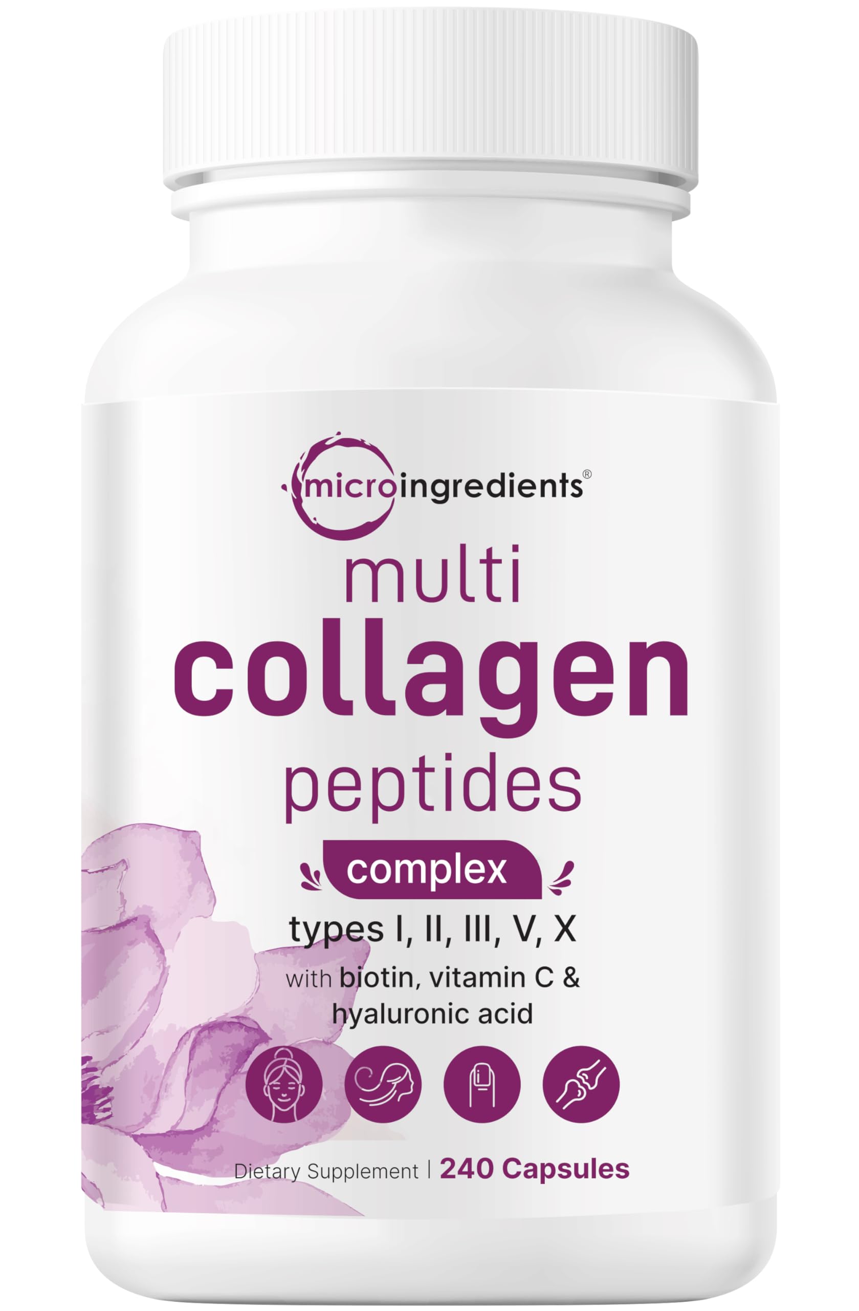 Micro Ingredients Multi Collagen Pills for Women & Men, 240 Capsules | Type I, II, III, V, X - Hydrolyzed Collagen Peptides with Biotin, Hyaluronic Acid & Vitamin C | Hair, Skin, Nail & Joint Support