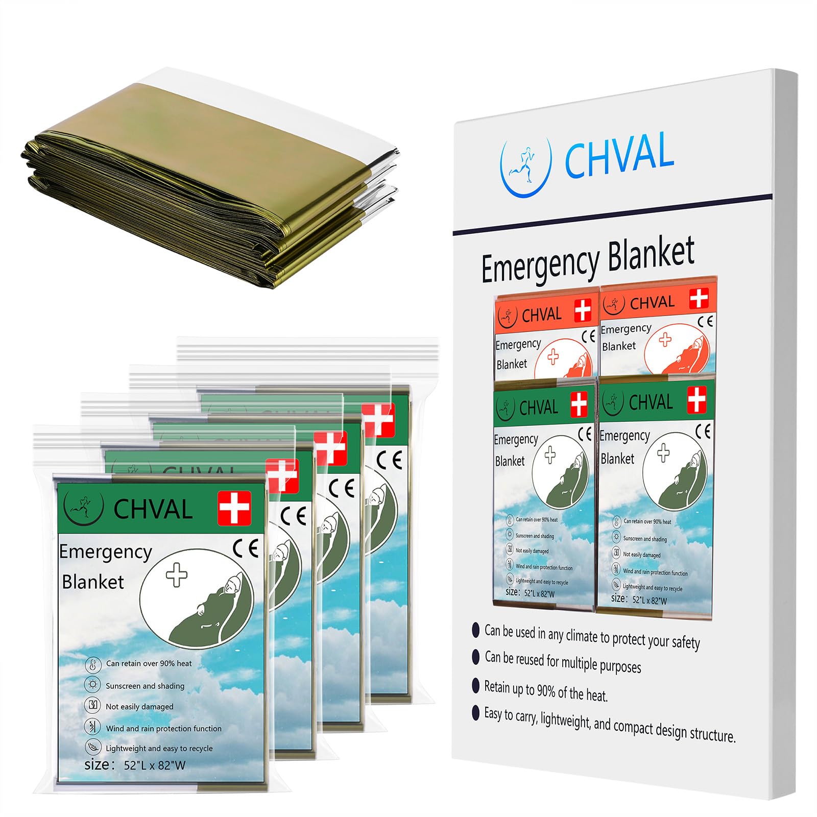 CHVAL Emergency Mylar Thermal Blankets: Portable Space Blanket, Camping, Bug Out Bag. (Green)