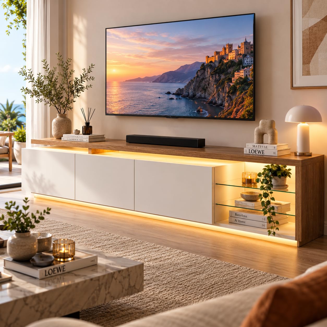 Mobile TV LED con 3 cassetti, mobile TV estensibile mobile TV moderno con cassetti armadio per TV con spazio aperto, cornice in legno, tavolo TV per soggiorno camera da letto (bianco-4, 200 x 39 x 42)