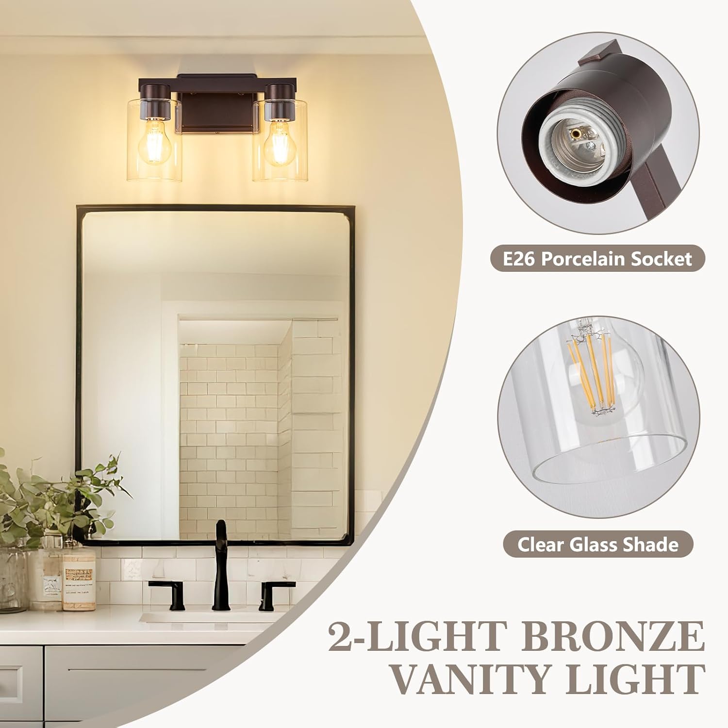 2-Light Bathroom Light Fixtures Modern Vanity Lights with Clear Glass Shade Oil Rubbed Bronze Wall Sconces Over Mirror for Bathroom,Powder Room, Living Room