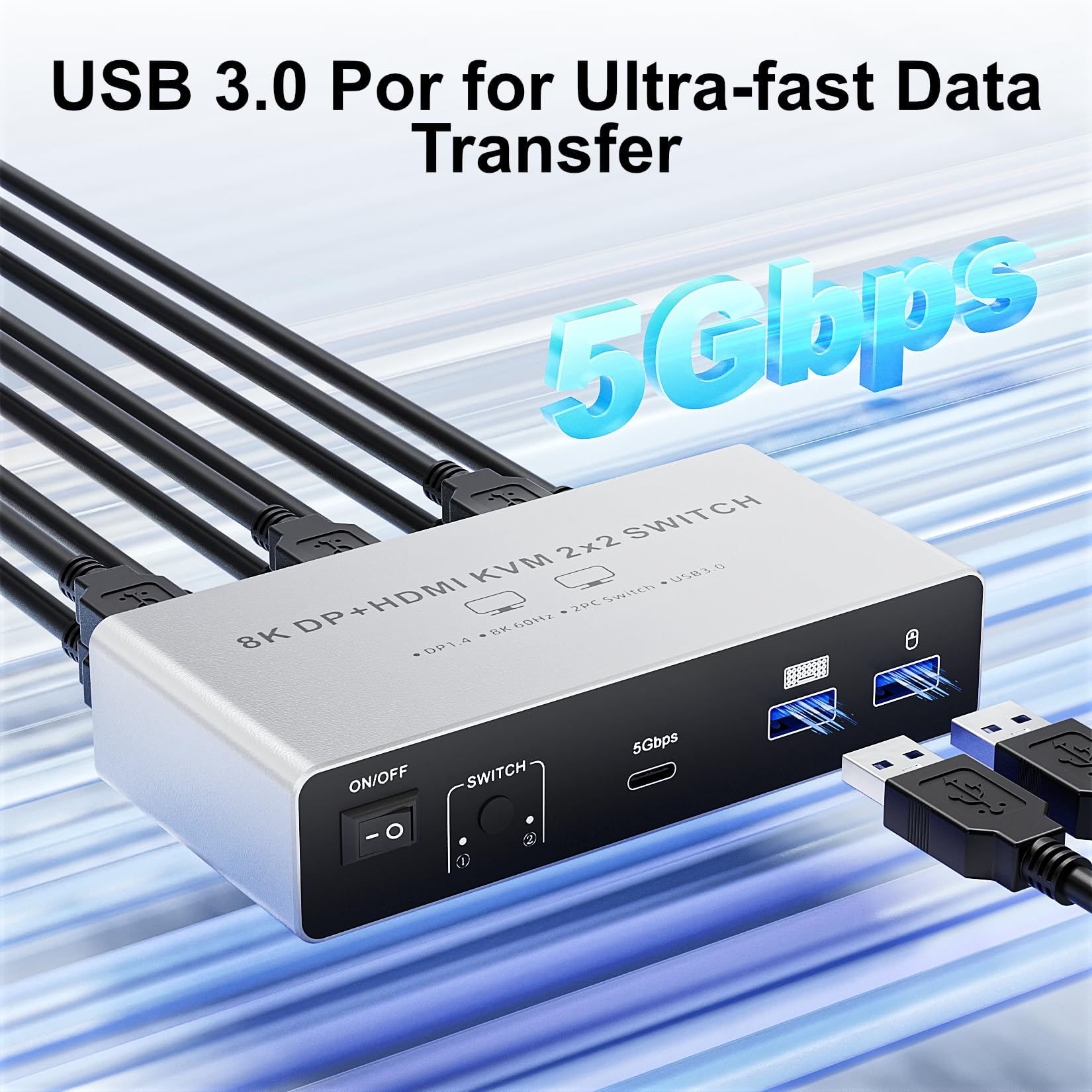 BolAAzuL Switch KVM HDMI+DP per 2 Monitor & 2 PC, 8K@60Hz 4K@120Hz HDMI 2.1 & DP1.4, Espandibile/Specchio Divide Tastiera/Mouse/USB 3.0, con Controller & 2 Cavi USB