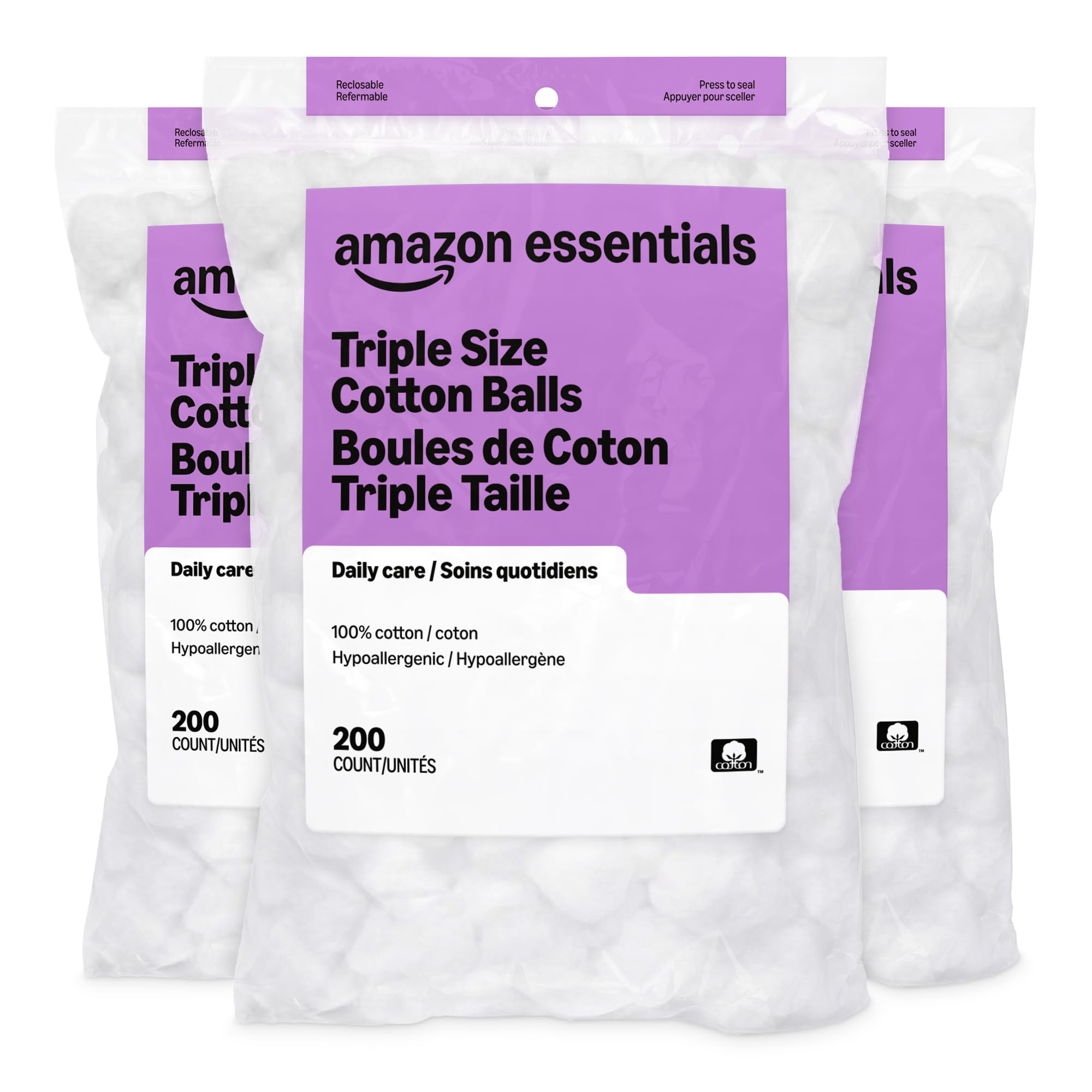 Amazon Essentials Cotton Balls, 600 Count (3 Packs of 200) (Previously Amazon Basics)