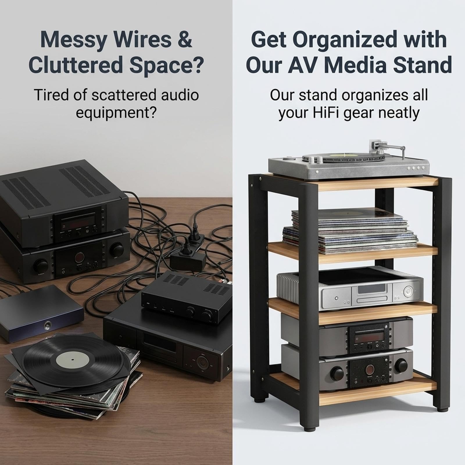 HiFi Rack mit Rädern, Hifi Regal aus Holz & Stahl, Verstellbaren Ablagen