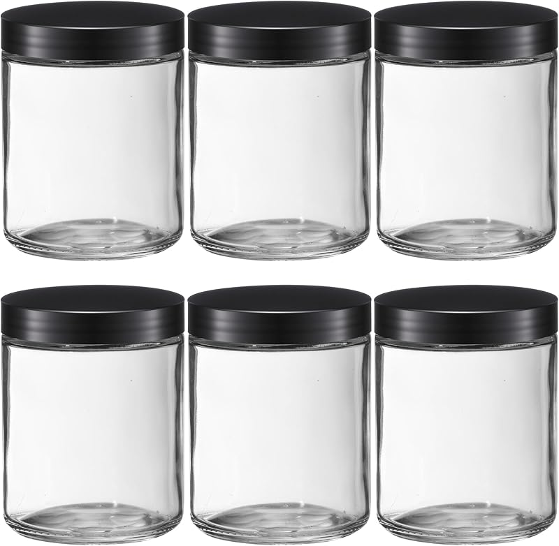 yptniginu Frascos de Vidro Transparentes com Tampas Pretas, 8 oz, Pacote com 6