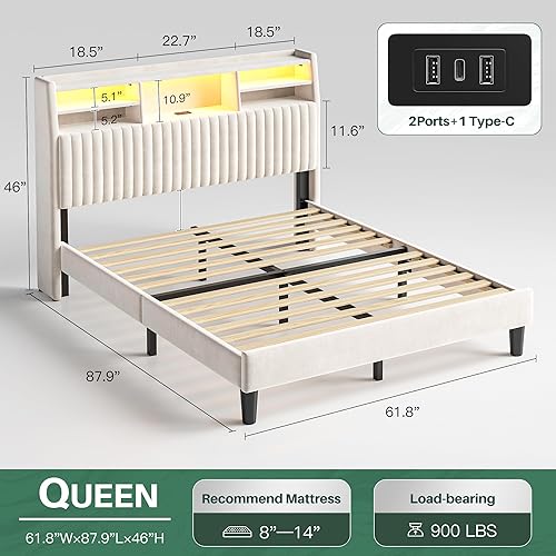Miniatura 9 de Base de cama tamaño Queen, marco de cama de terciopelo con estación de carga y luces LED, cabecera capitonada de canal vertical con estantes de