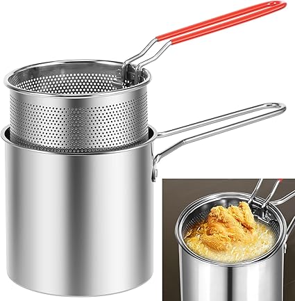 Luteti Deep Fry Basket, 304 Stainless Steel Deep Fryer Pan, Frying Pan Stock Fry Pot with Strainer Basket and Handle for Frying Shrimp