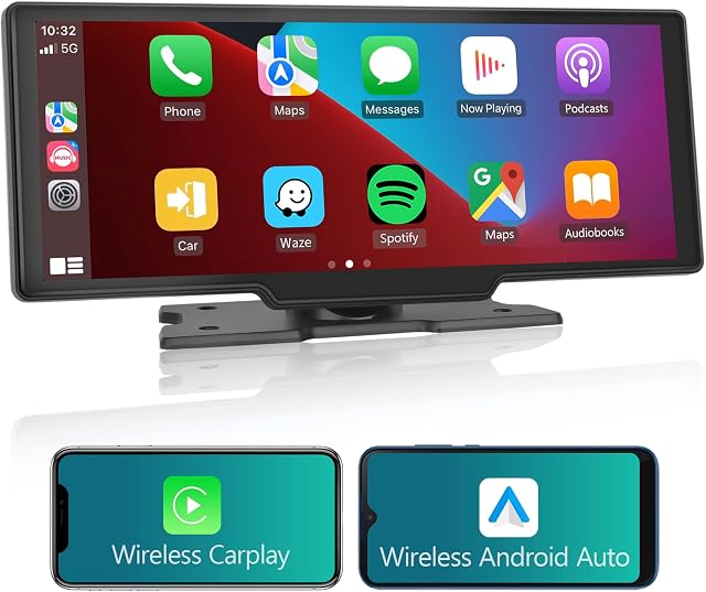Podofo Bezprzewodowe Carplay Radio samochodowe 10,26'' Bezprzewodowy ekran dotykowy Android Auto Bluetooth Transmitter FM/AUX/Karta SD DC7-32V Łatwa instalacja dla przyczep kempingowych LKW