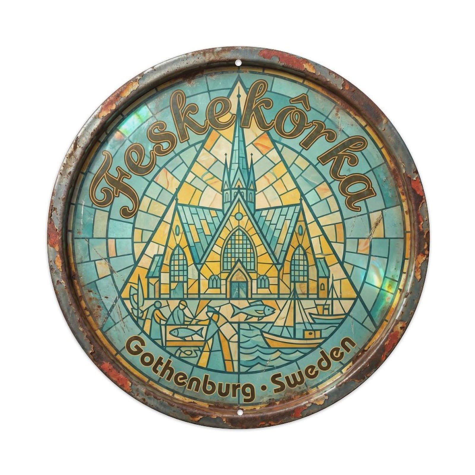 Cmhok Vintage Style-3 Vintage Travel Fish Church Gothenburg Artwork Metal Tin Sign Plaque Wall Decor For Cafe, Club, Garden Round Metal Poster 8X8inch