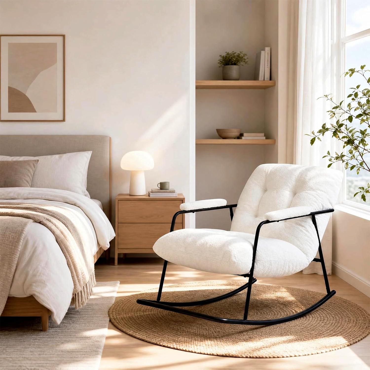 Rocking Chair Nursery, Upholstered Glider Rocker Cushions Indoor, Comfy Rocking Accent Chair with Armrests, Cozy White Boucle Rocking Armchair for Living Room Bedroom Reading Nook, Adults