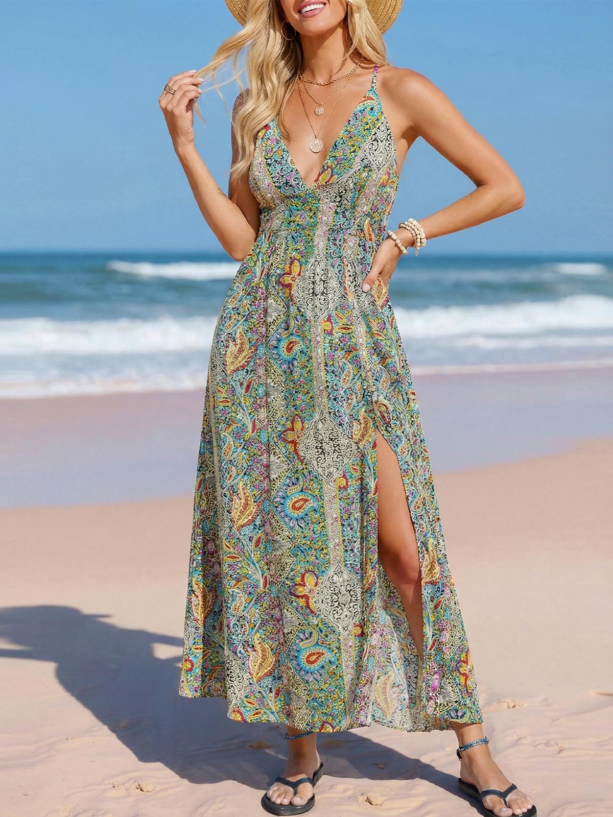 CUPSHE Damska letnia sukienka maxi 2025 bez rękawów długie sukienki z paskiem spaghetti zwiewna sukienka plażowa boho na wakacje