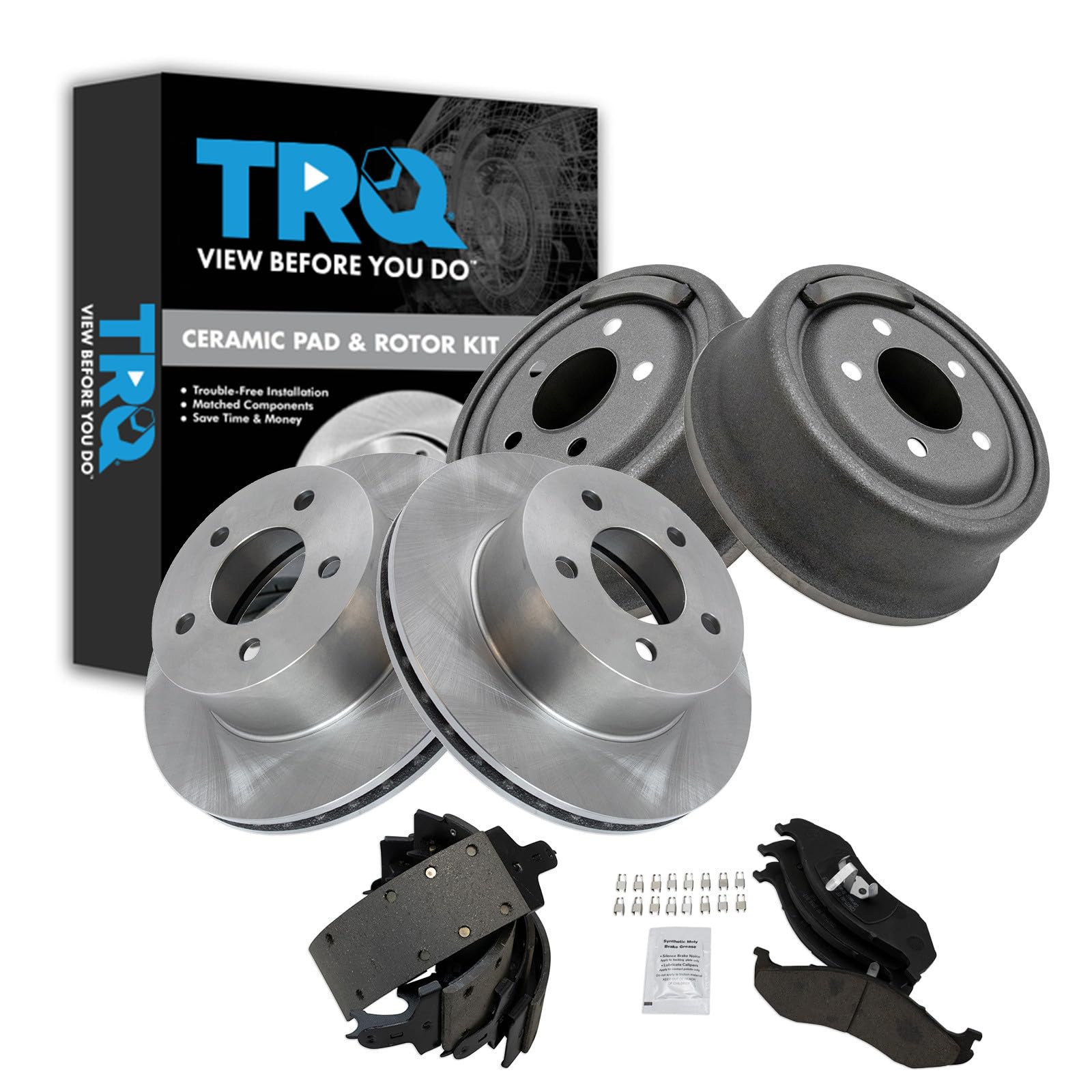 TRQ Front & Rear Brake Pad & Rotor Kit Ceramic Compatible with 1990-1999 Jeep Cherokee 1990-1992 Comanche 1990 Wagoneer Wrangler