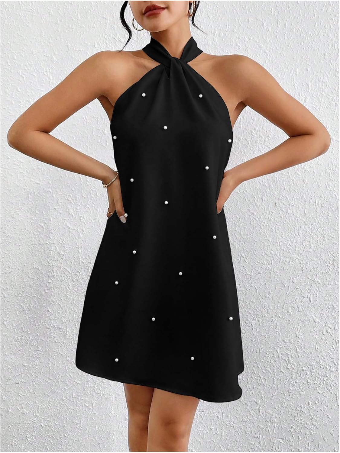 Floerns Women's Pearl Beaded Halter Twist Sleeveless Tie Back Dress A Line Dress - Image 6