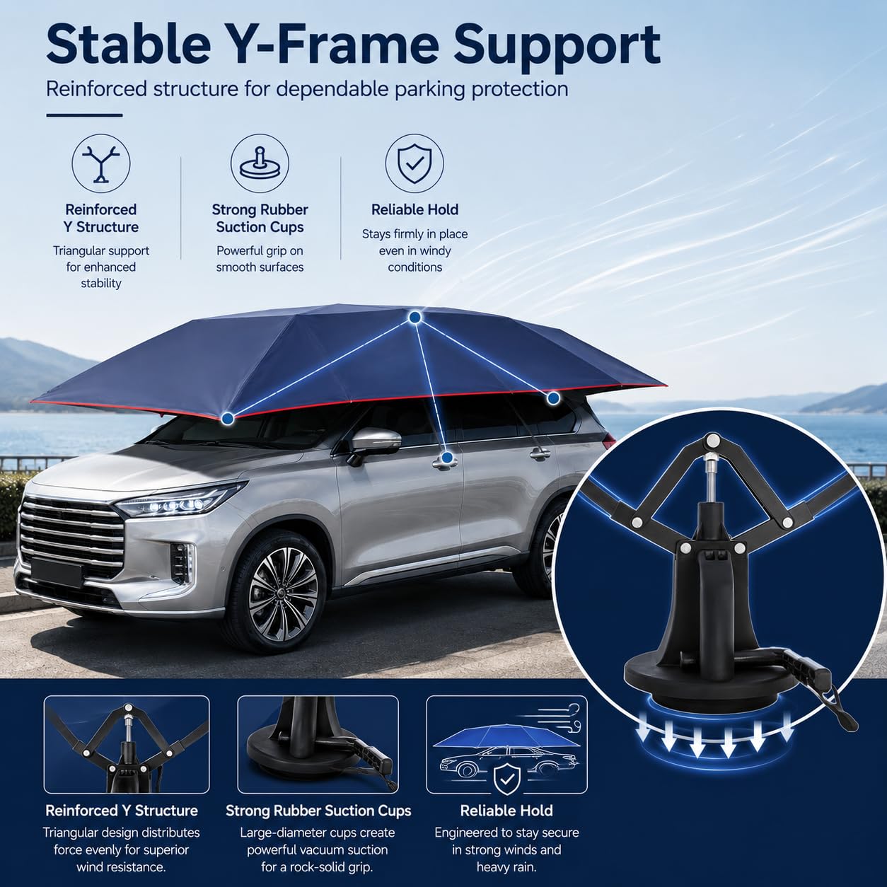 Tente de parasol semi-automatique pour voiture avec UPF 30+, imperméable, universelle, protection solaire, protection contre les intempéries, pour l'extérieur, voyage, portable, pliable