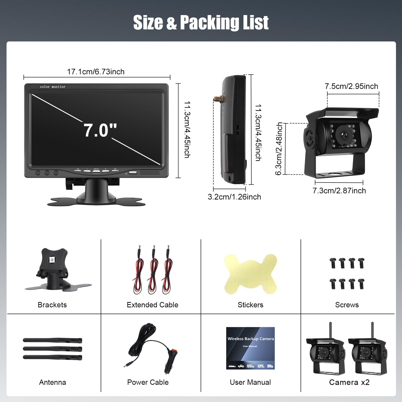 Kit Cámara Marcha Atrás Inalámbrica 2 Cámaras, Pantalla 7 Pulgadas, Visión Nocturna, IP67 Impermeable, DC 12‑36V para Camión, Autobús, Caravana, Remolque, Vehículo Recreativo