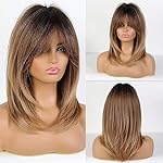 Alanhair Ombre Brown Wigs for Women,Shoulder-Length Layered Wigs with Bangs Heat Resistant Synthetic Fibre Wigs
